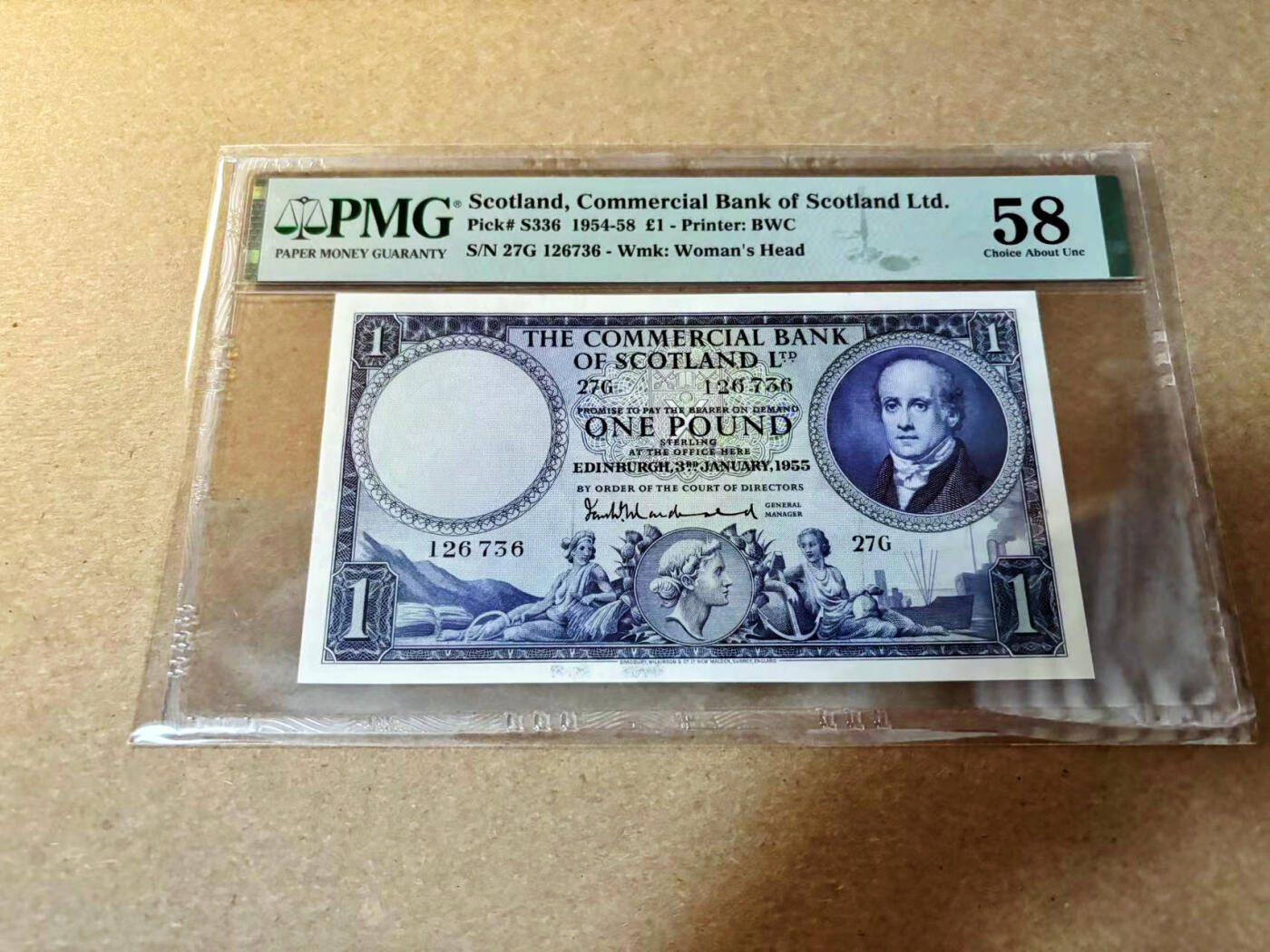 【Blue Auction】✨世界纸币精拍第526期【精】 苏格兰 1955年1镑 PMG58  BWC双面雕刻精美 