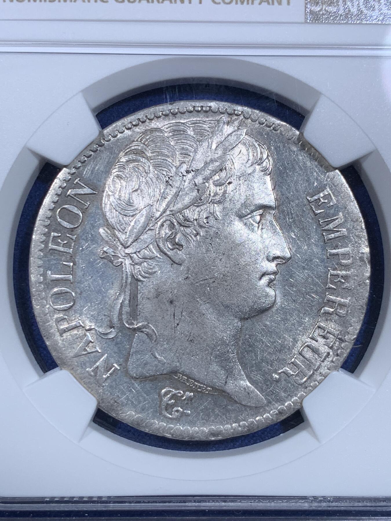 《竞宝斋》第297场- 周日，周一  2场连拍 （全场包邮） NGC UNC 1813年法国拿破仑皇帝5法郎大银币 后期少见年份， 观感佳