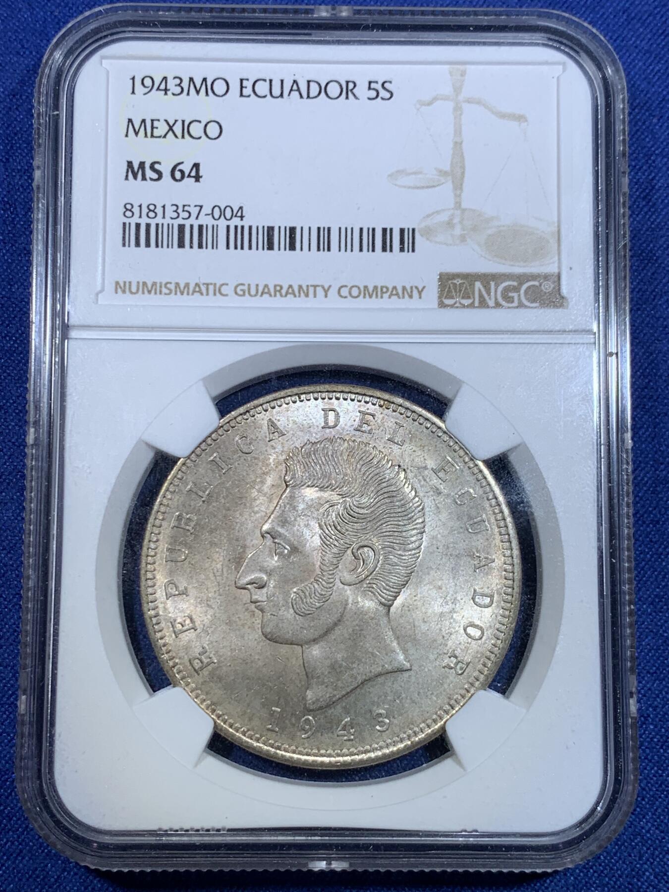 《竞宝斋》第297场- 周日，周一  2场连拍 （全场包邮） NGC MS64 厄瓜多尔1943年五苏克雷银币，墨西哥代铸，流通较充分，高分难得！漂亮的黄油光状态。