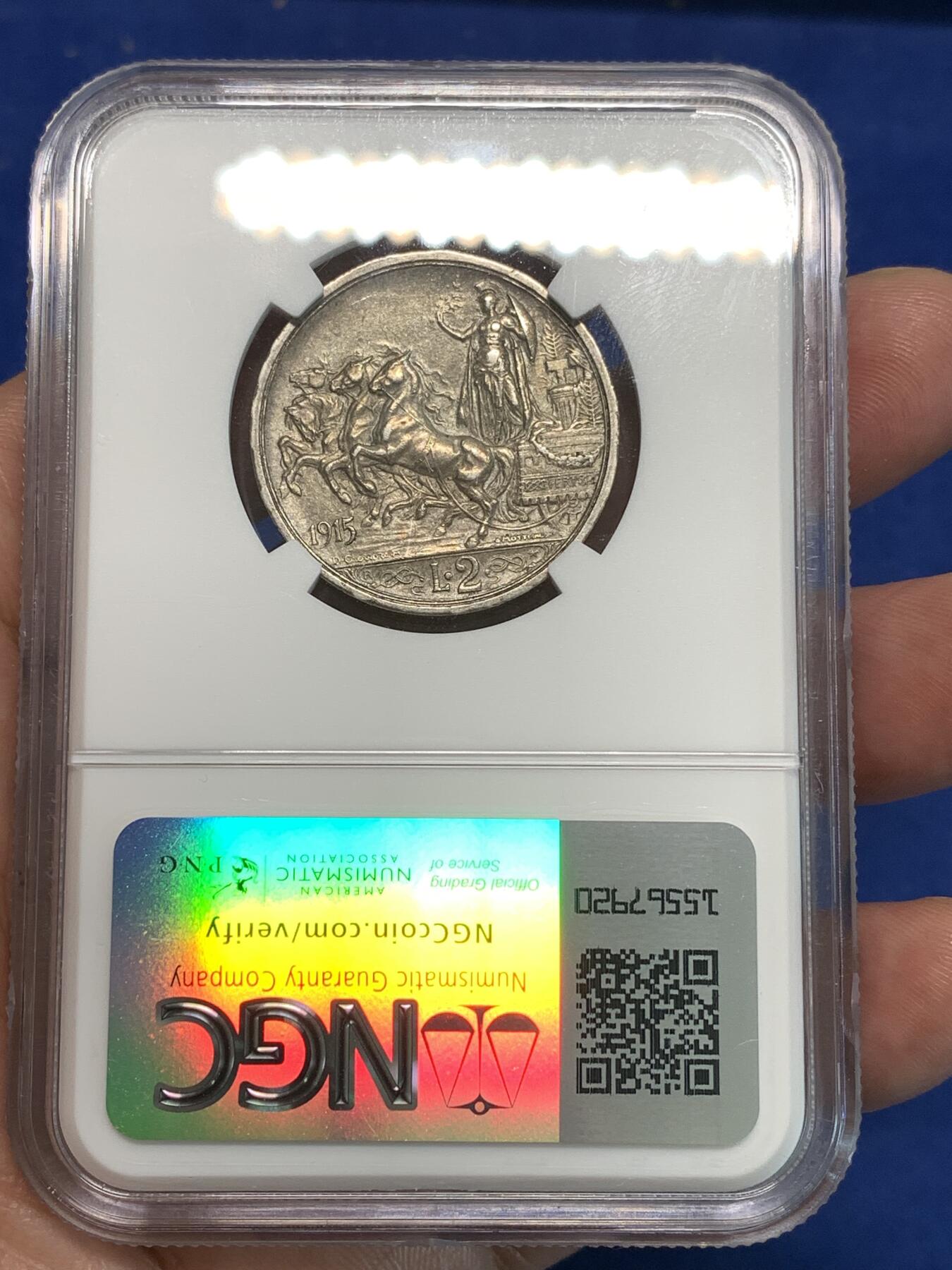 《竞宝斋》第297场- 周日，周一  2场连拍 （全场包邮） NGC AU58 意大利1915年马车2里拉银币