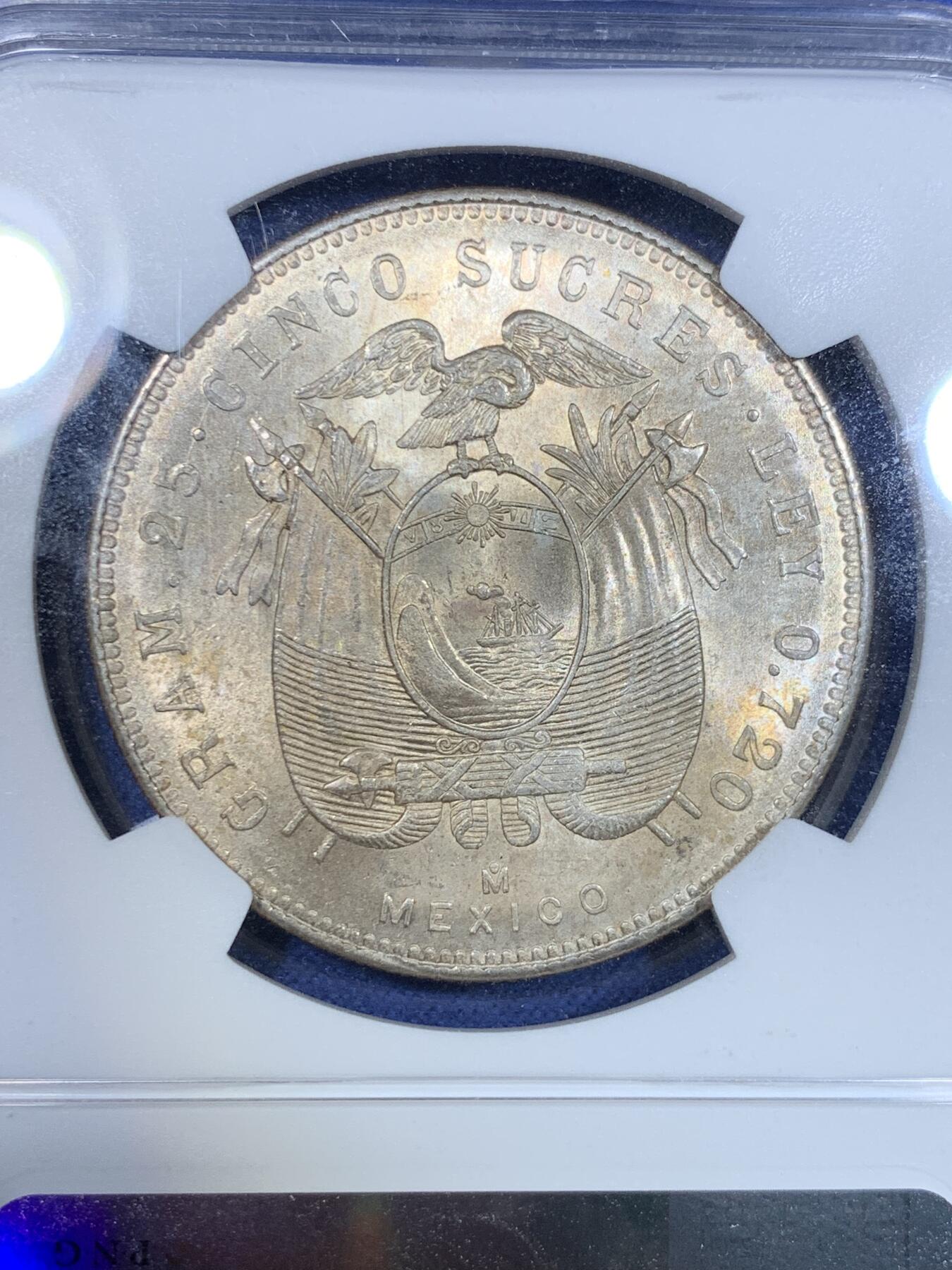 《竞宝斋》第297场- 周日，周一  2场连拍 （全场包邮） NGC MS64 厄瓜多尔1943年五苏克雷银币，墨西哥代铸，流通较充分，高分难得！漂亮的黄油光状态。