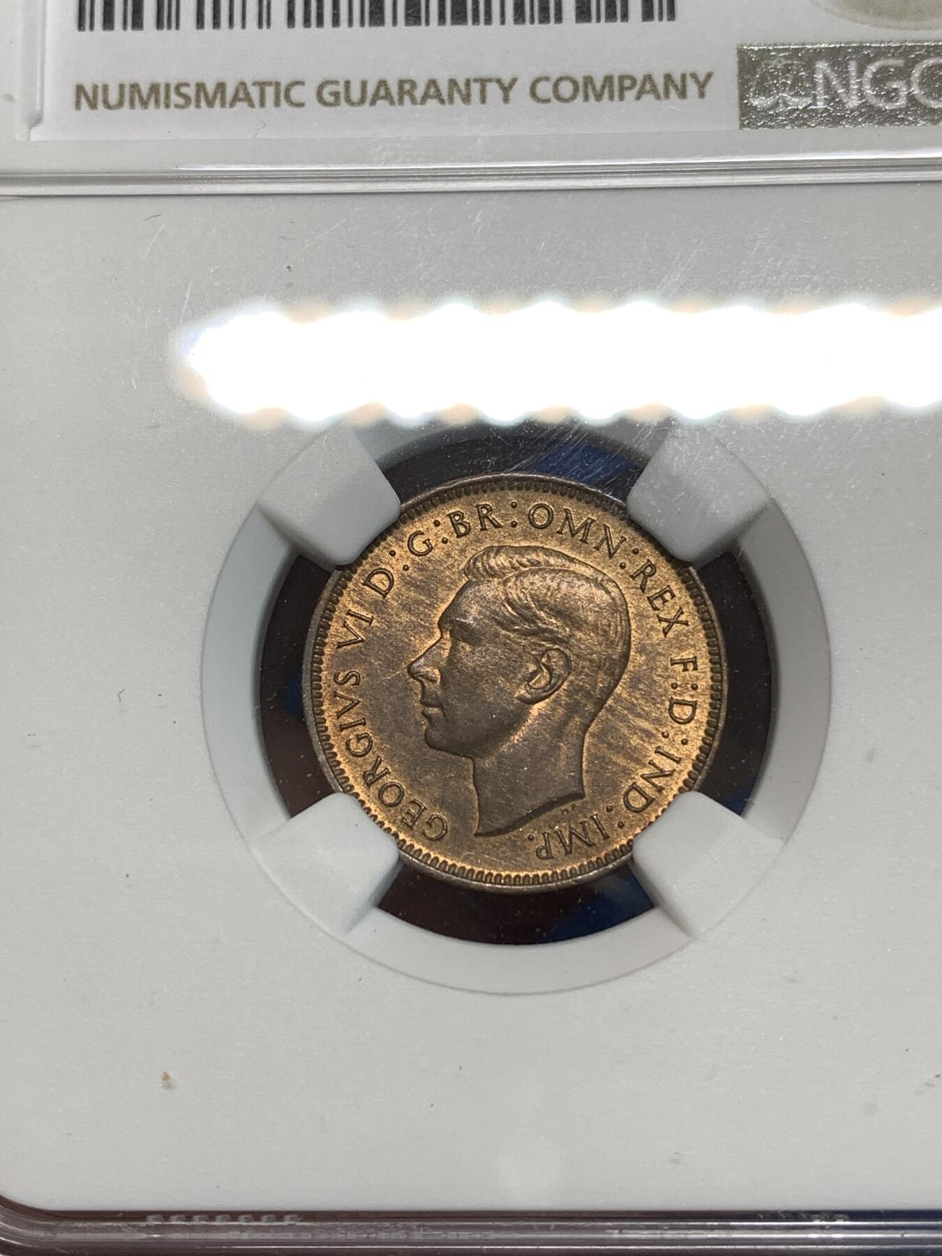 《竞宝斋》第297场- 周日，周一  2场连拍 （全场包邮） NGC MS64RB 英国1948年乔六1/4便士小鸟铜币