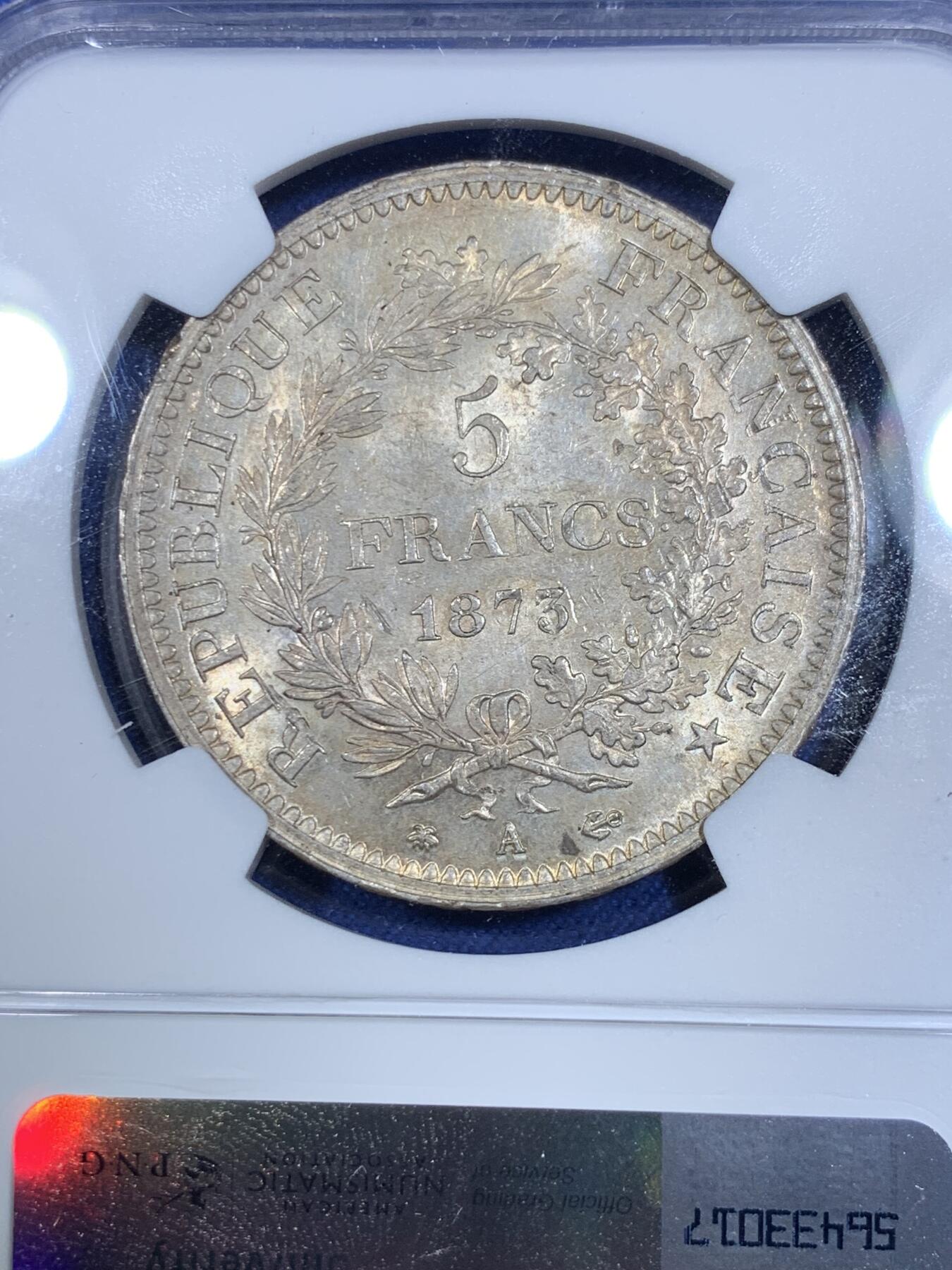 《竞宝斋》第297场- 周日，周一  2场连拍 （全场包邮） NGC MS64 法国1873A大力神5法郎银币淡金彩