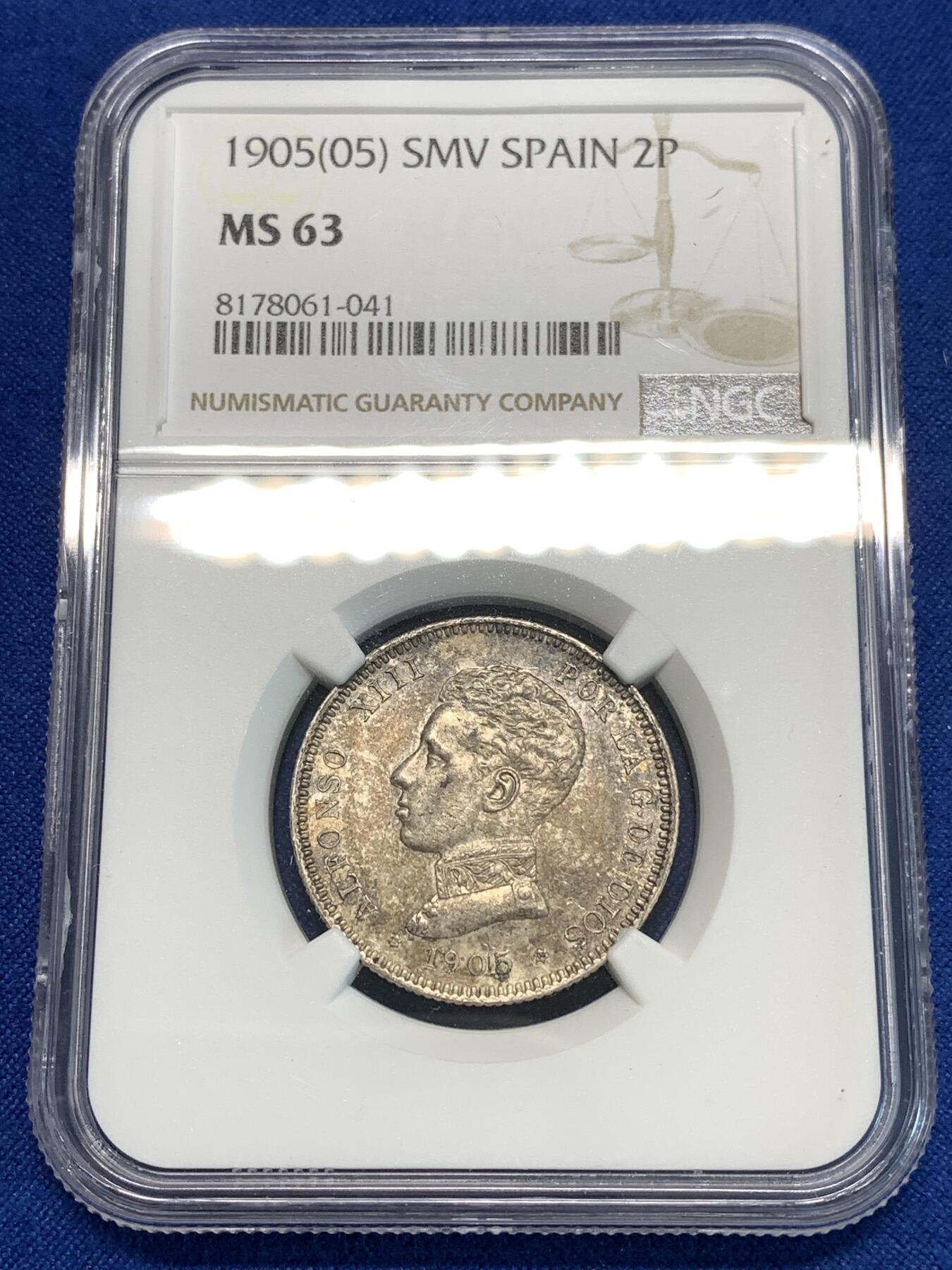 《竞宝斋》第297场- 周日，周一  2场连拍 （全场包邮） NGC MS63 西班牙1905阿方索十三世2比塞塔银币