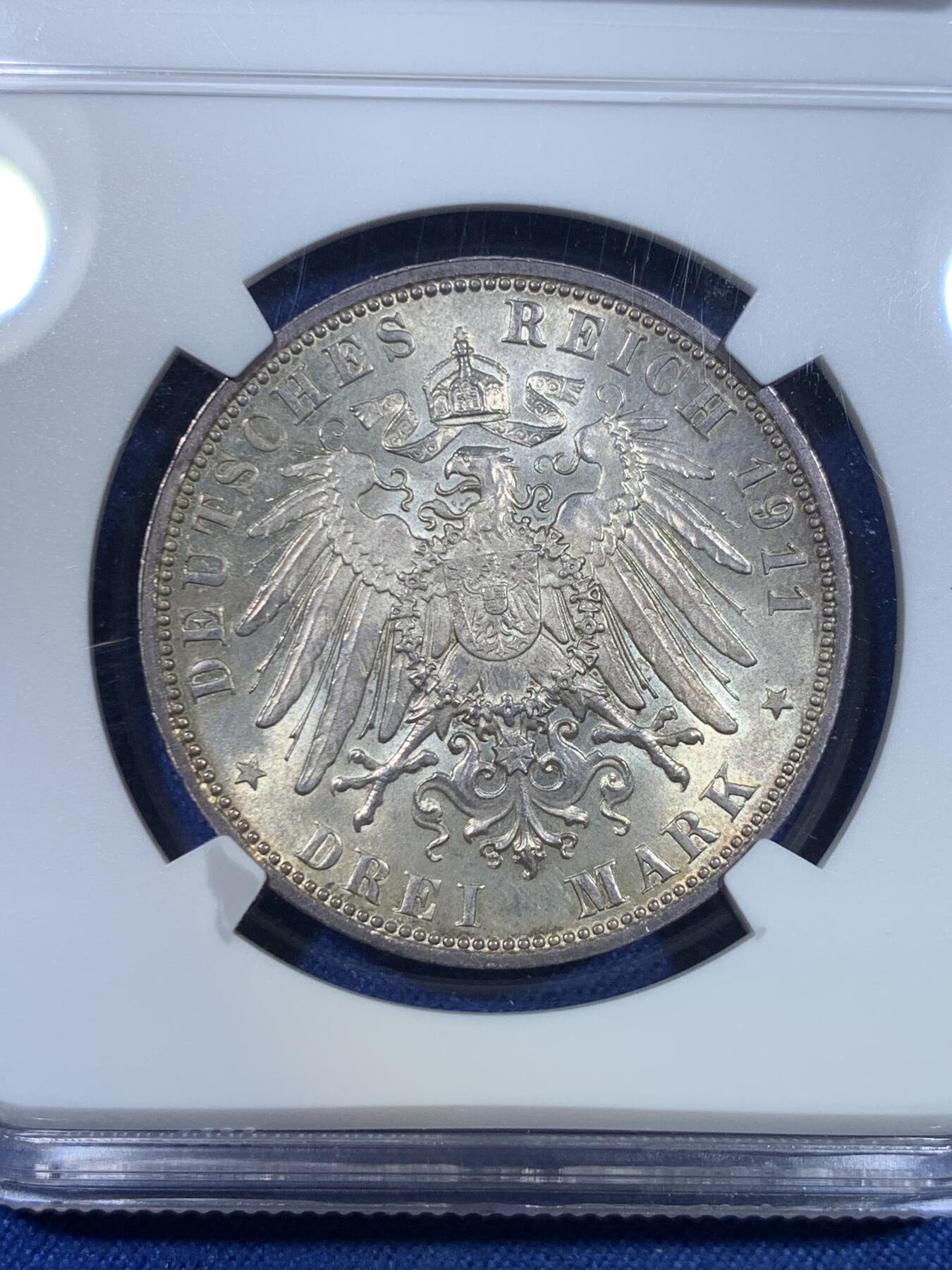 《竞宝斋》第297场- 周日，周一  2场连拍 （全场包邮） NGC MS62 德国1911年巴伐利亚利奥波德3马克