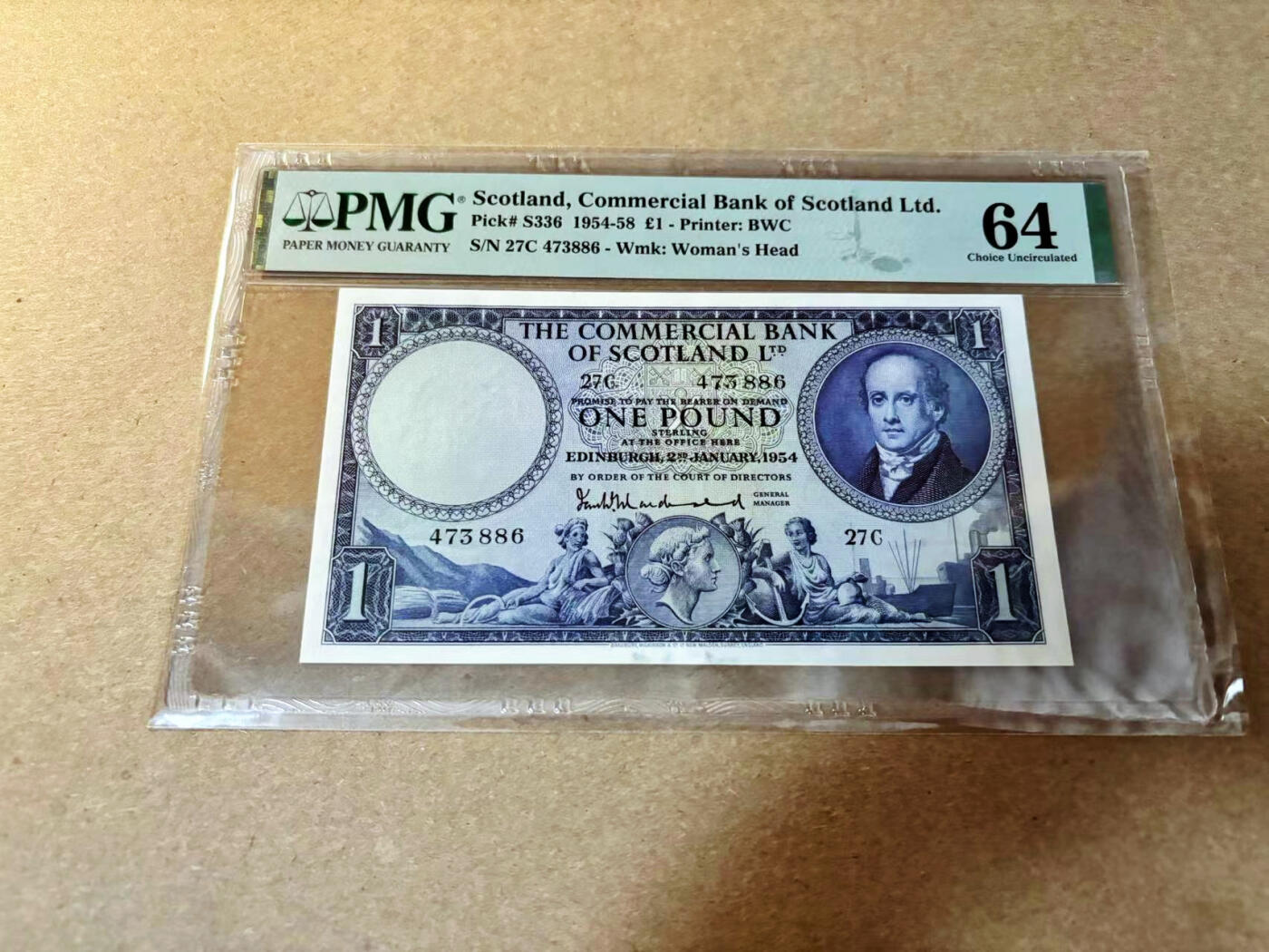【Blue Auction】✨世界纸币精拍第526期【精】 苏格兰 1954首年1镑 PMG64  BWC双面雕刻精美 
