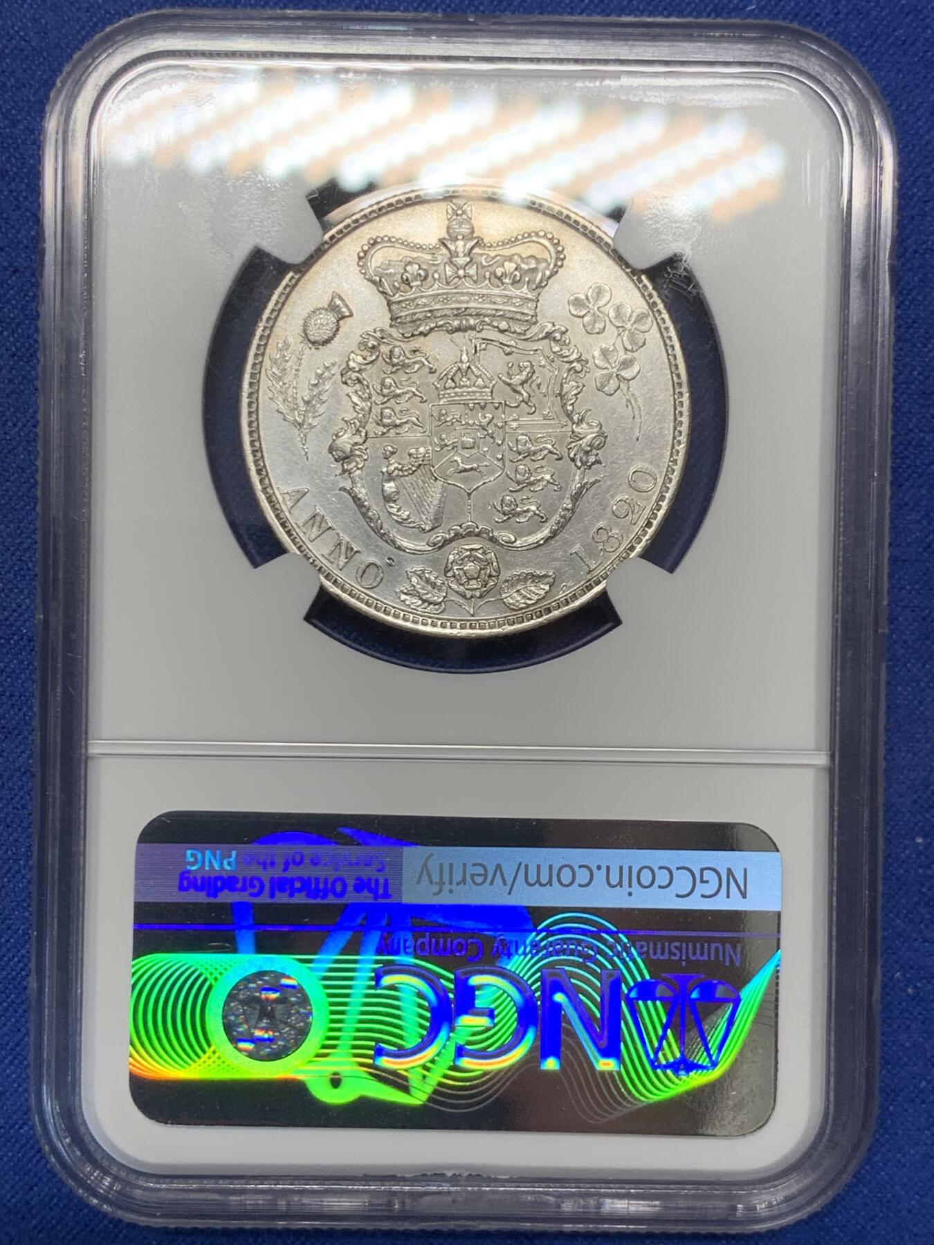 《竞宝斋》第297场- 周日，周一  2场连拍 （全场包邮） NGC UNC 1820年英国乔治四世半克朗银币 两面细节保留清晰 状态不错