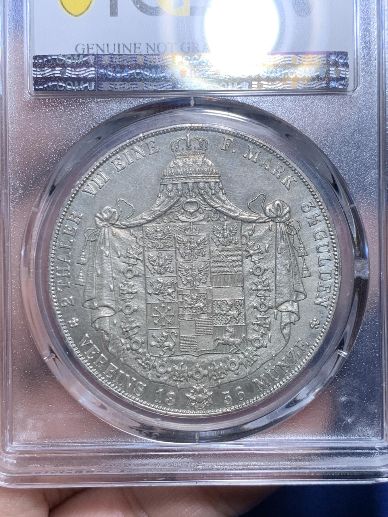 《竞宝斋》第297场- 周日，周一  2场连拍 （全场包邮） PCGS UNC 1856年普鲁士威廉四世洋葱头2泰勒银币 40mm 37g大银币 盾徽铸造精美图案精细 适合收一个凑品种