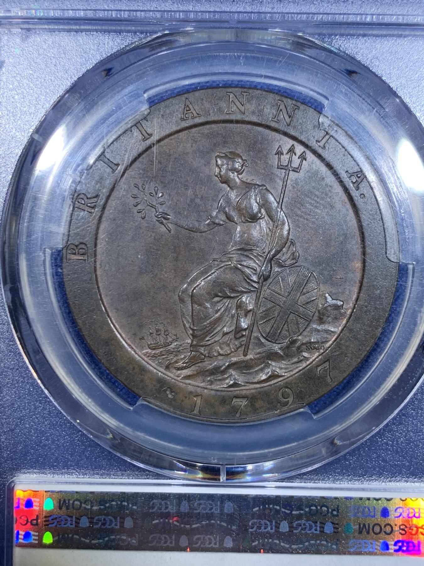 《竞宝斋》第297场- 周日，周一  2场连拍 （全场包邮） PCGS MS62BN 英国 1797年 1便士铜币（SOHO厂小车轮便士，十叶稀有版别，工业革命的经典之作，历史上第一批真正意义的机制币）