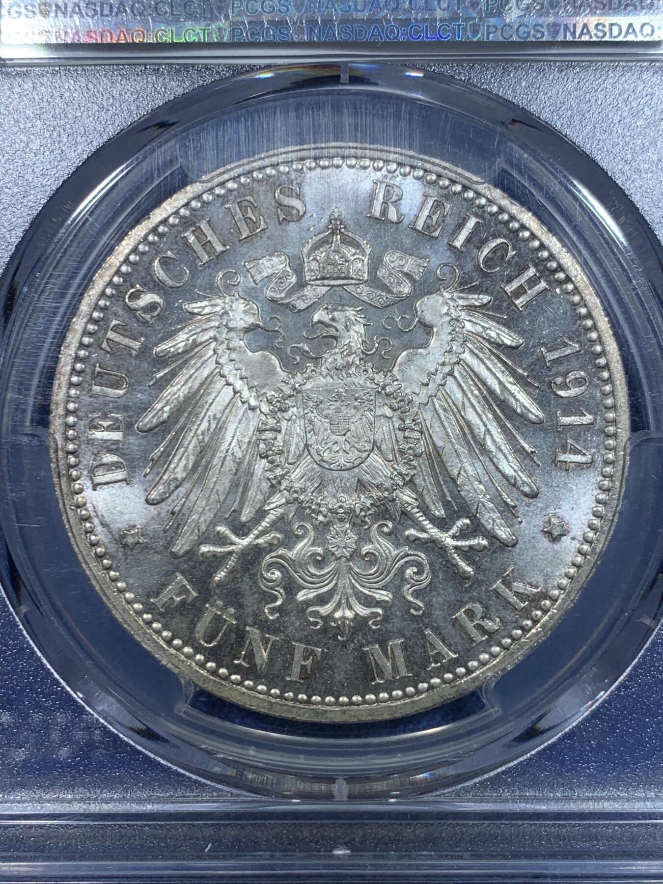 《竞宝斋》第297场- 周日，周一  2场连拍 （全场包邮） PCGS MS63 德国1914A威廉二世戎装5马克银币