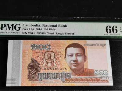 刘世昌艺术品销售中心～虎踞龙蟠*金杨在线联拍群第510期 - 柬埔寨2014年100瑞尔（PMG   66E   号码：256 8198388）1枚。