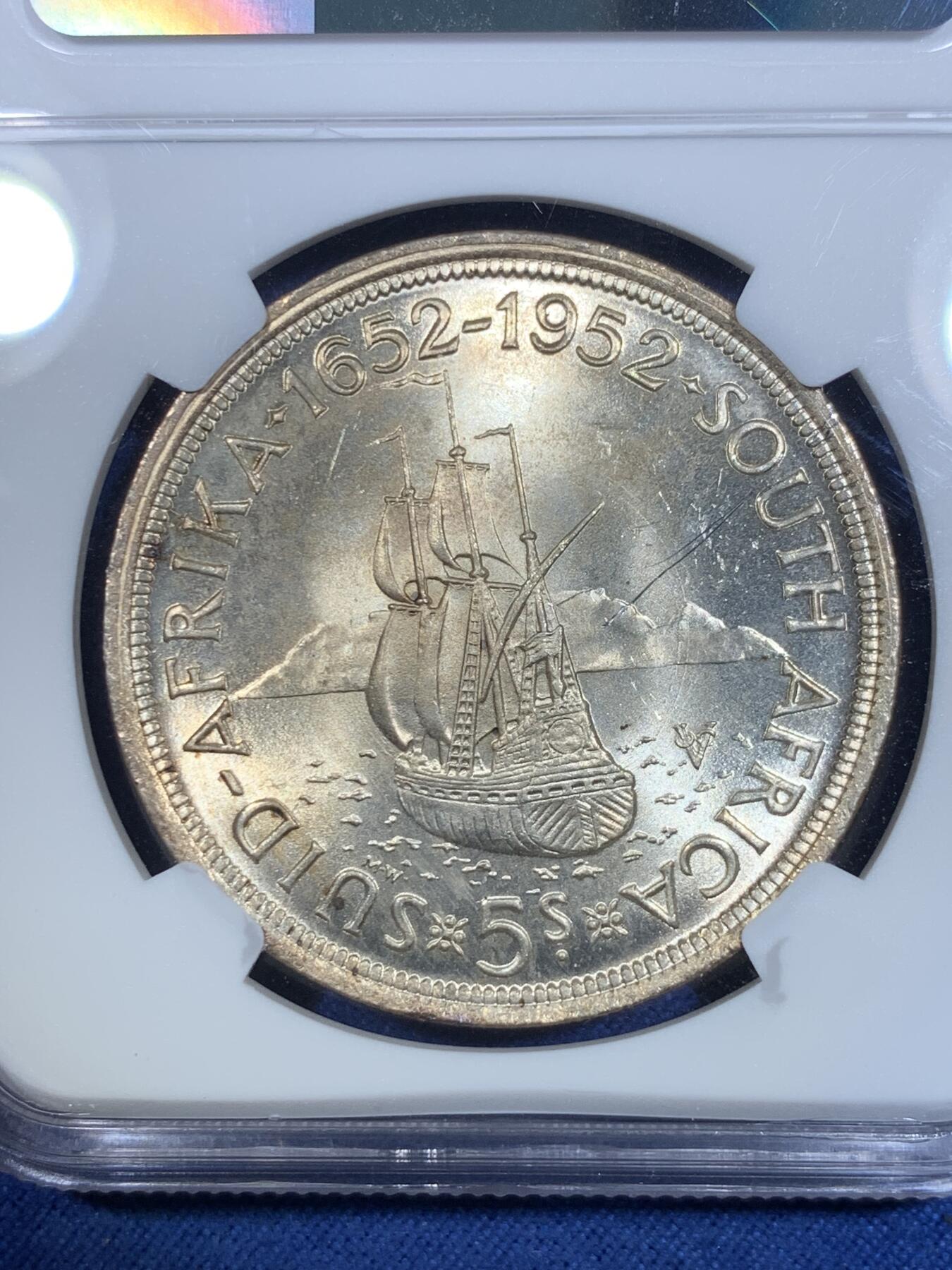 《竞宝斋》第297场- 周日，周一  2场连拍 （全场包邮） NGC UNC 南非1952年乔六5先令大银