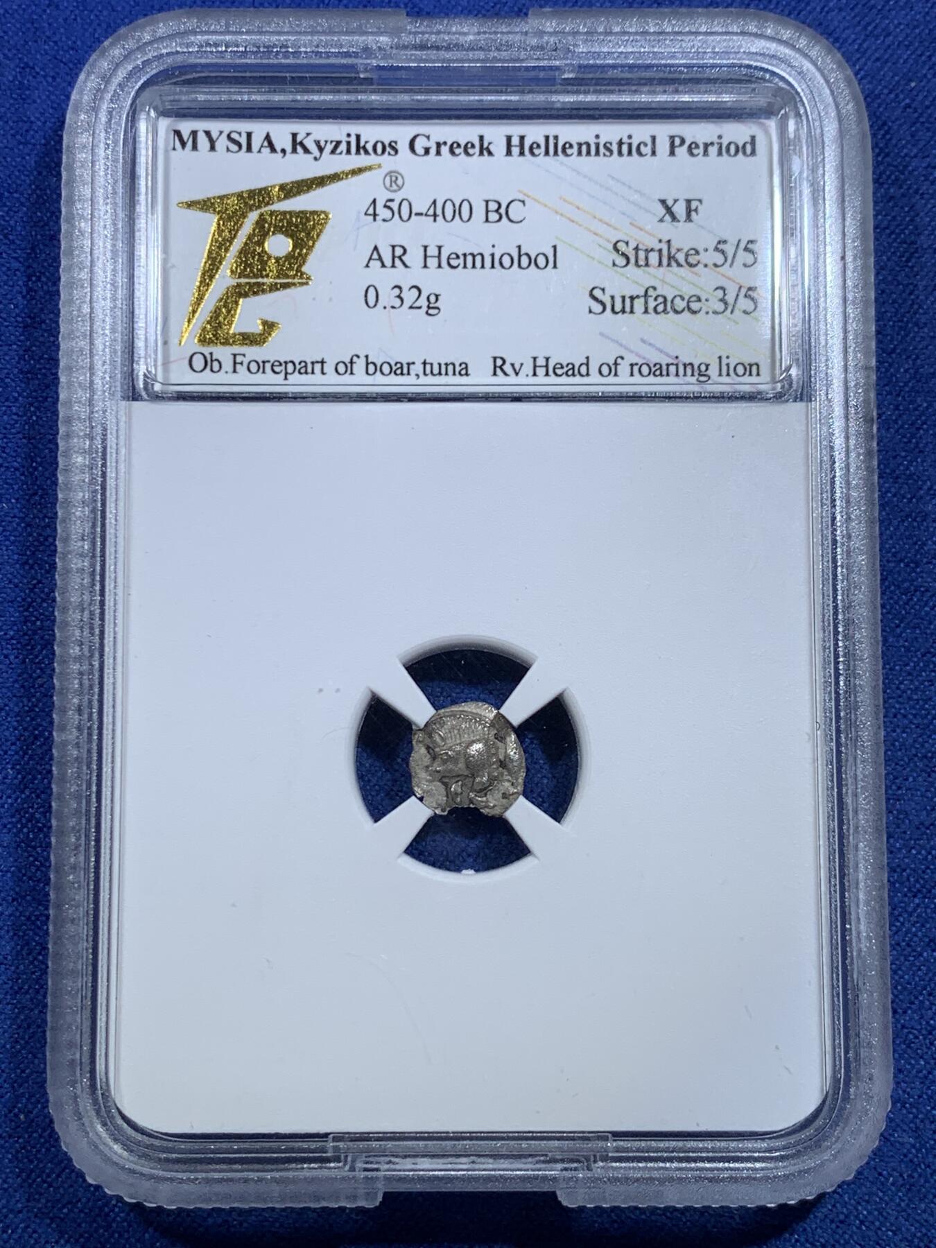《竞宝斋》第297场- 周日，周一  2场连拍 （全场包邮） TQG评级 XF 5/5 3/5 打制满分 公元前450年-前400年 古希腊密西亚地区柯孜克斯城邦 狮子与野猪银币 小巧精致