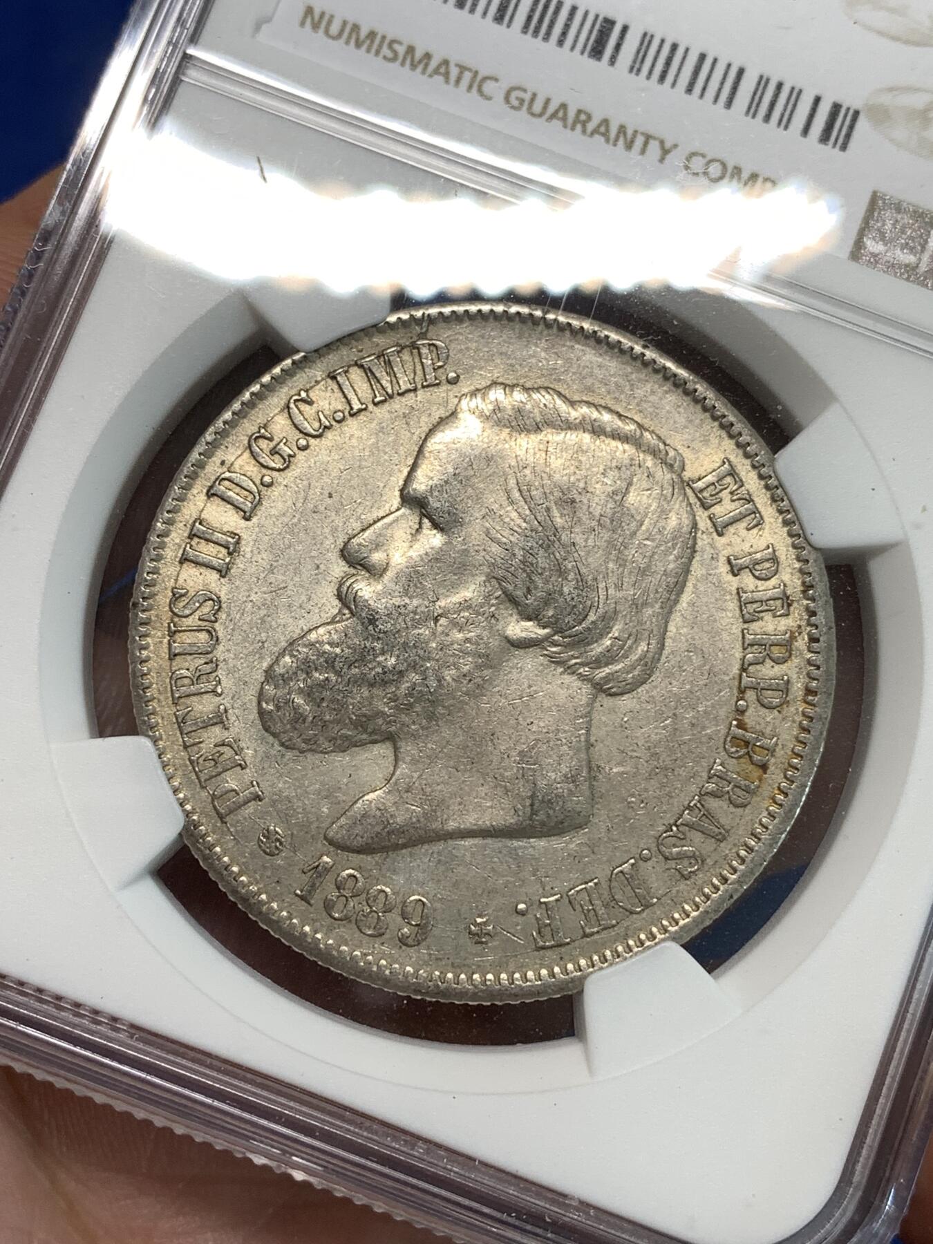 《竞宝斋》第297场- 周日，周一  2场连拍 （全场包邮） NGC AU55 巴西1889年佩德罗二世2000瑞斯银币