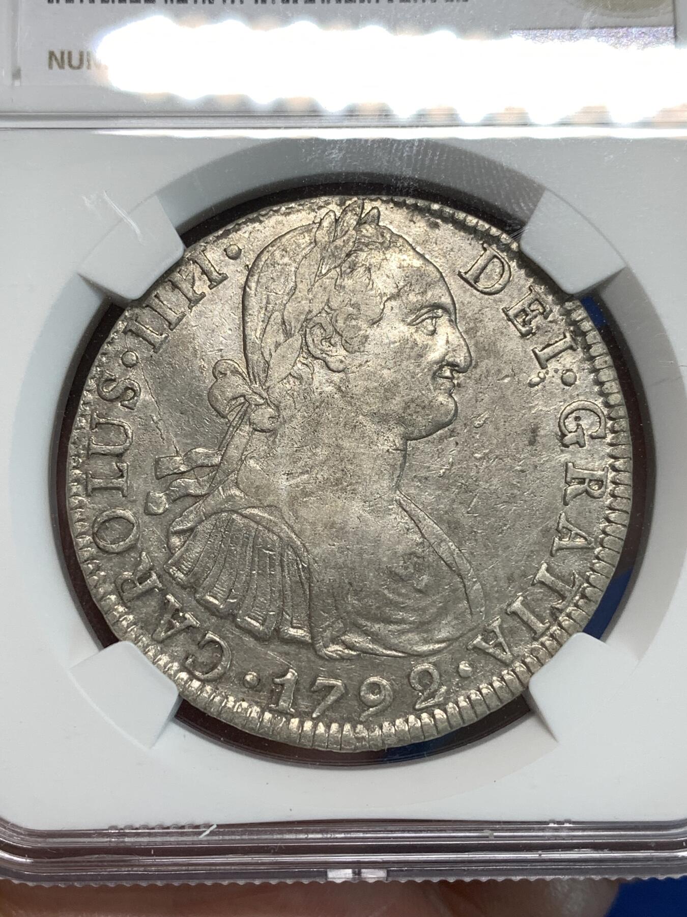 《竞宝斋》第297场- 周日，周一  2场连拍 （全场包邮） NGC AUD 1792年早期墨西哥卡四双柱 无戳好品 地板带光包浆自然