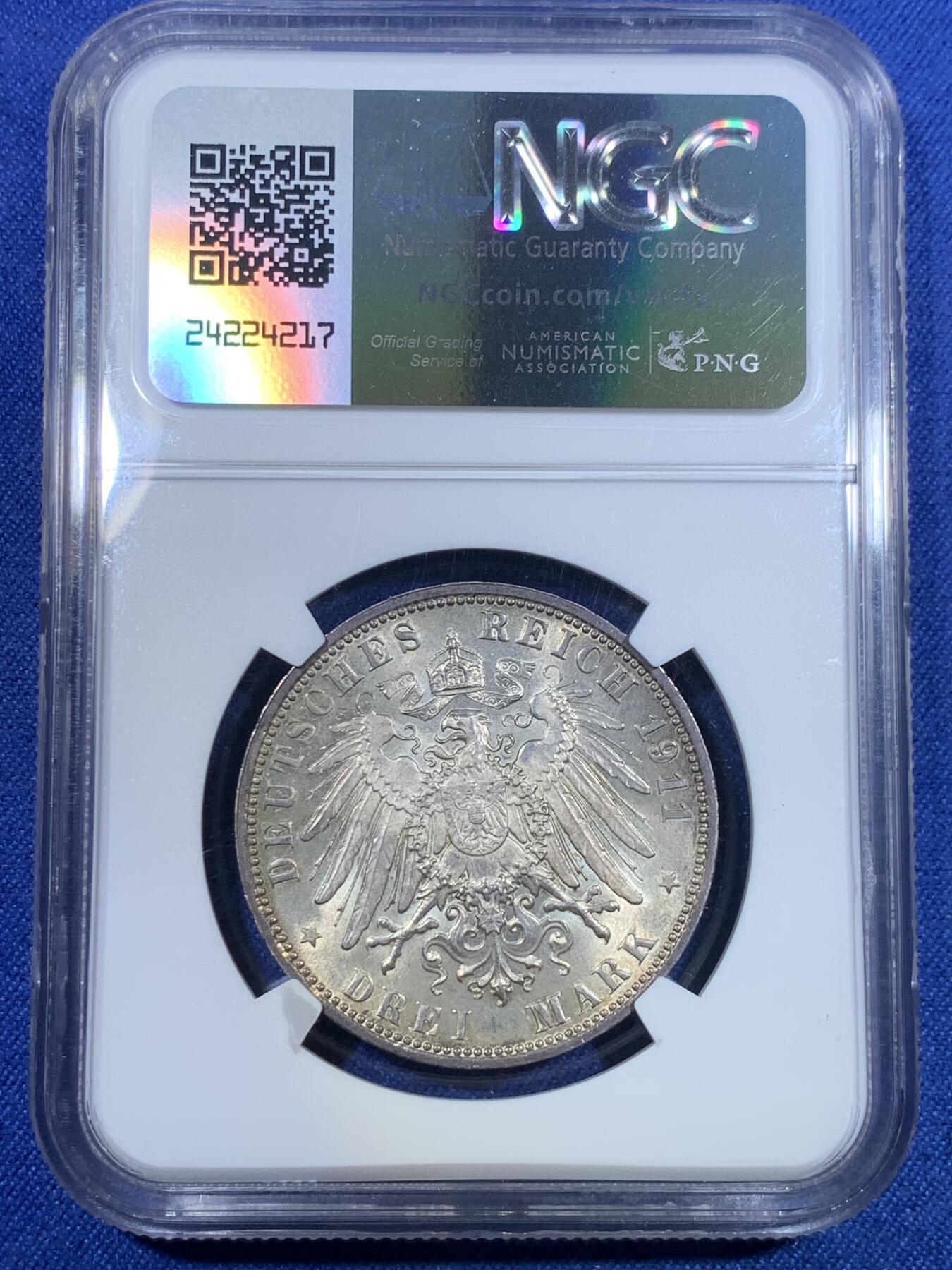 《竞宝斋》第297场- 周日，周一  2场连拍 （全场包邮） NGC MS62 德国1911年巴伐利亚利奥波德3马克