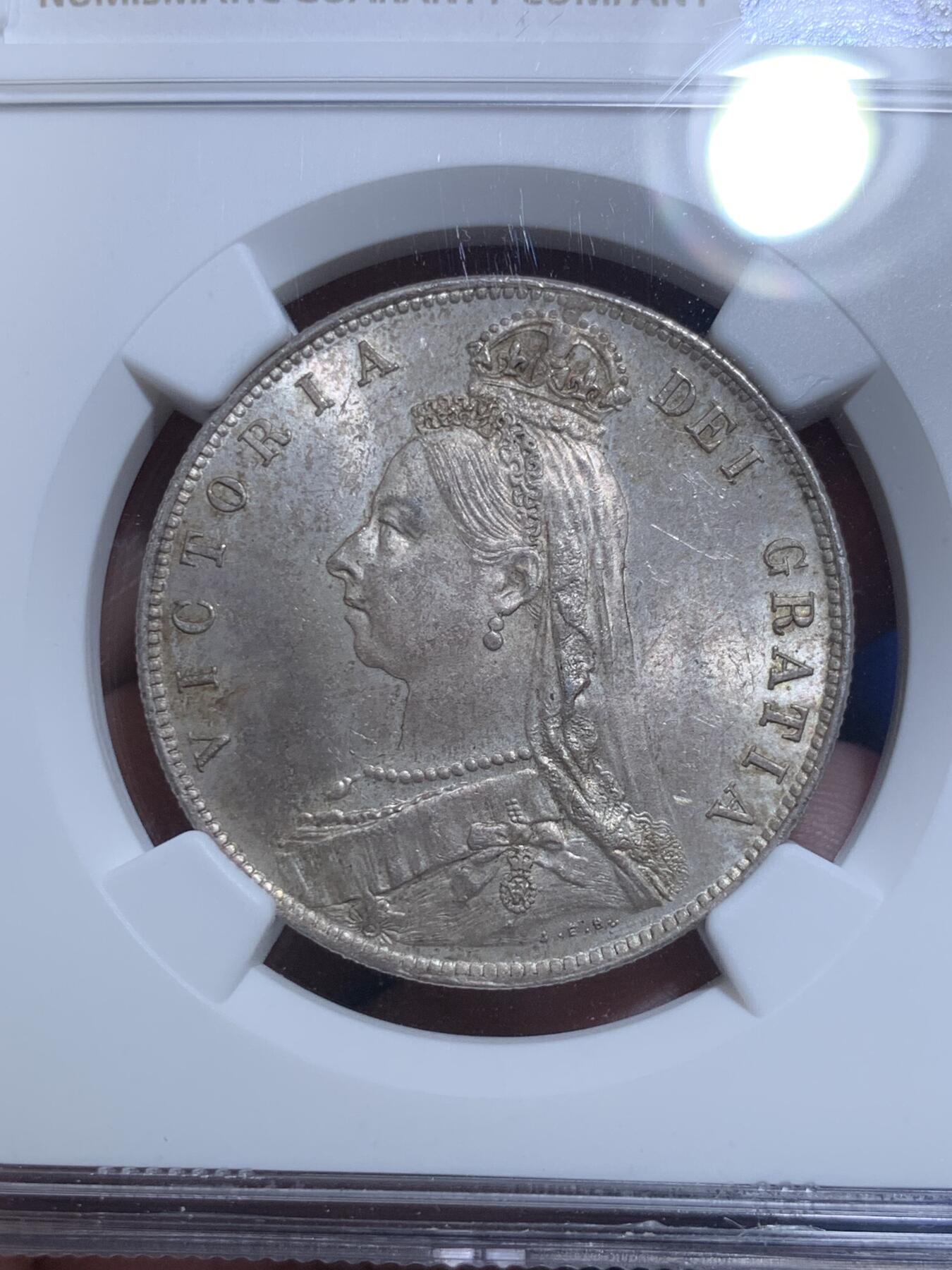 《竞宝斋》第297场- 周日，周一  2场连拍 （全场包邮） NGC MS63 英国 1890年 半克朗 维多利亚 银币 原味包浆