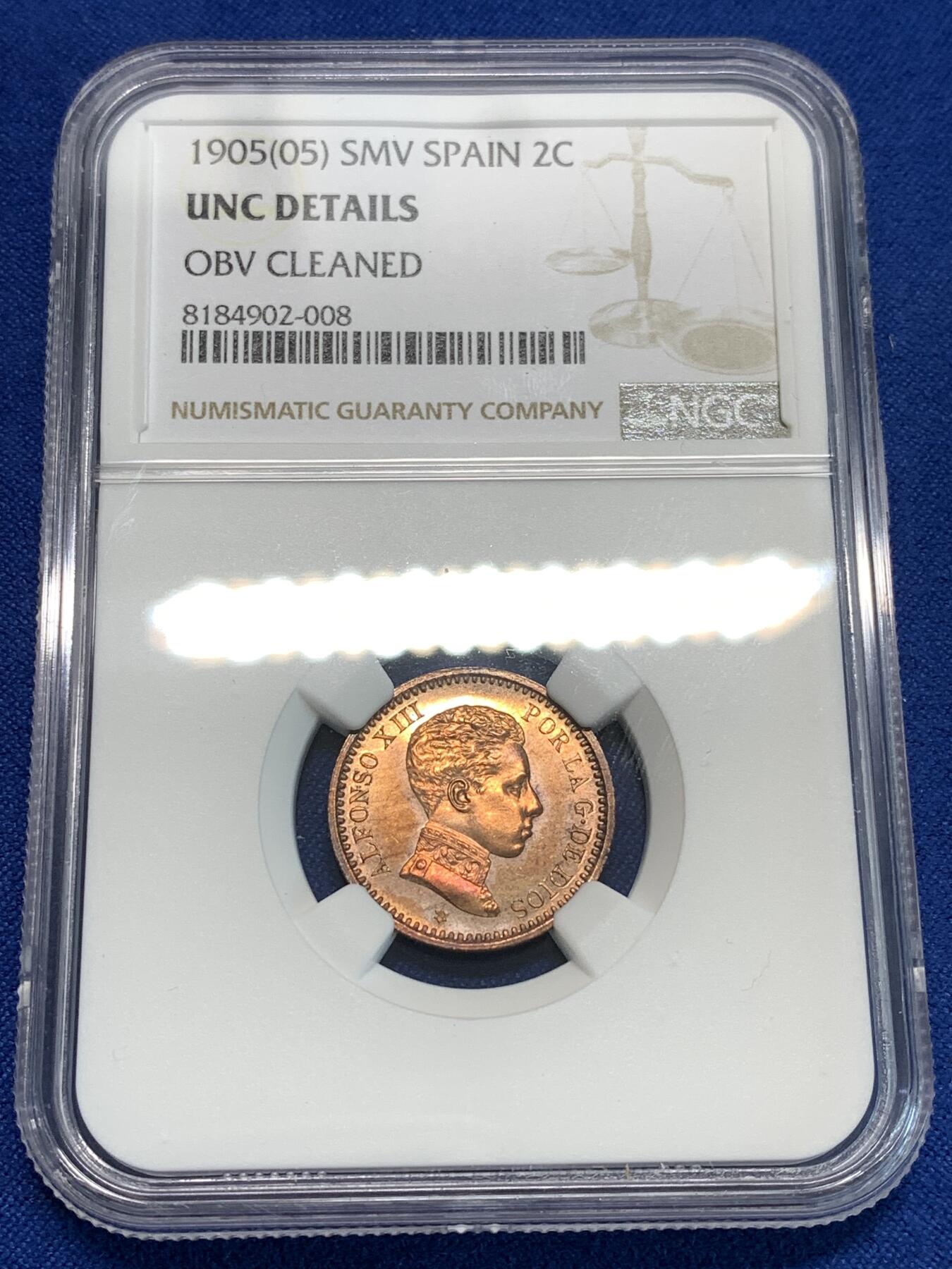 《竞宝斋》第297场- 周日，周一  2场连拍 （全场包邮） NGC UNCD 西班牙1905阿方索十三世 2c铜币