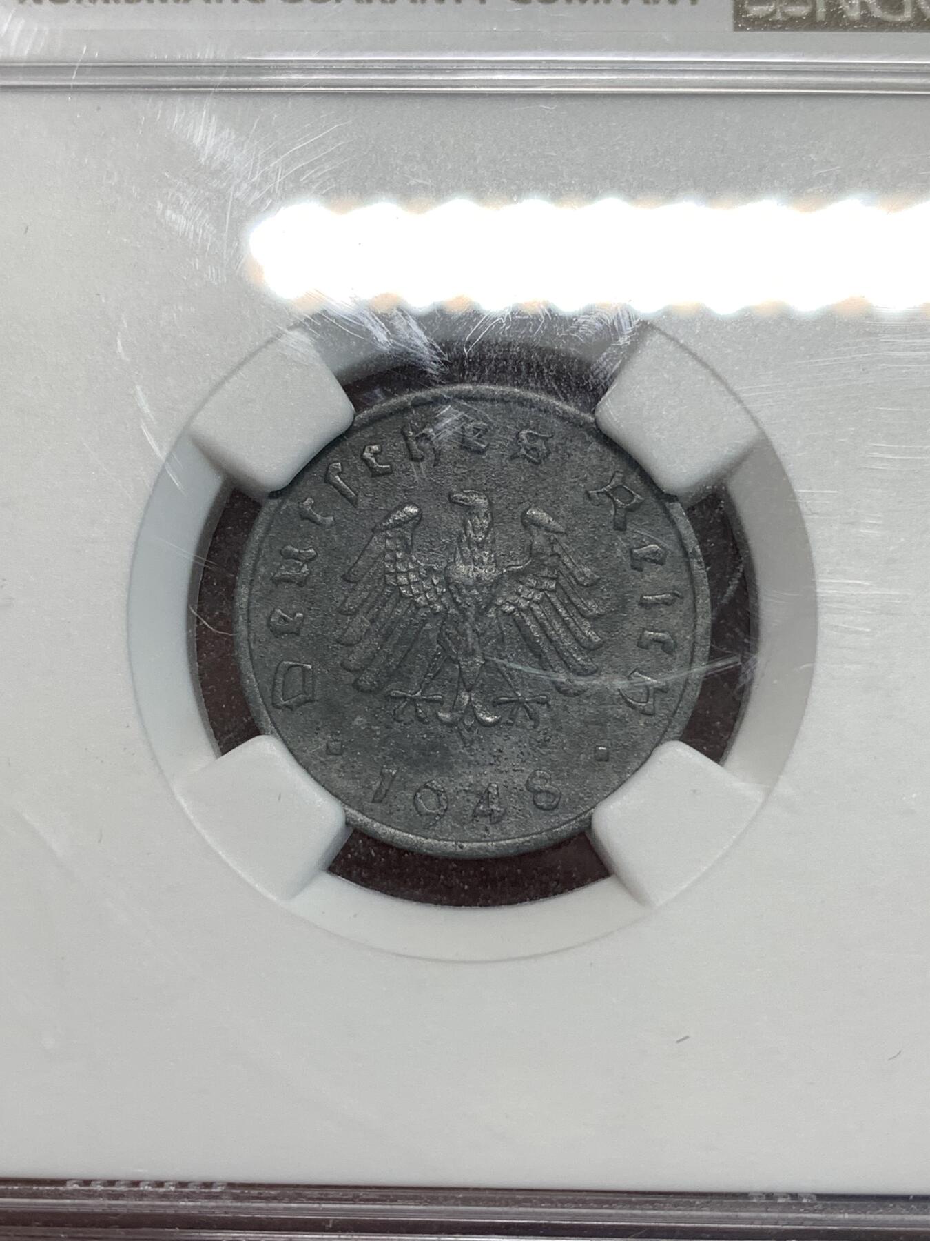 《竞宝斋》第297场- 周日，周一  2场连拍 （全场包邮） NGC AUD 德国盟军占领时期1948年F厂铅锌币拔毛鹰