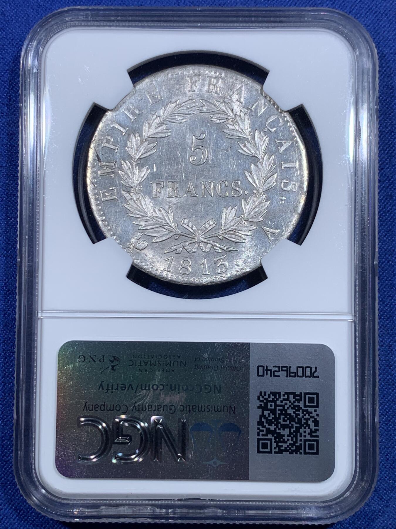 《竞宝斋》第297场- 周日，周一  2场连拍 （全场包邮） NGC UNC 1813年法国拿破仑皇帝5法郎大银币 后期少见年份， 观感佳