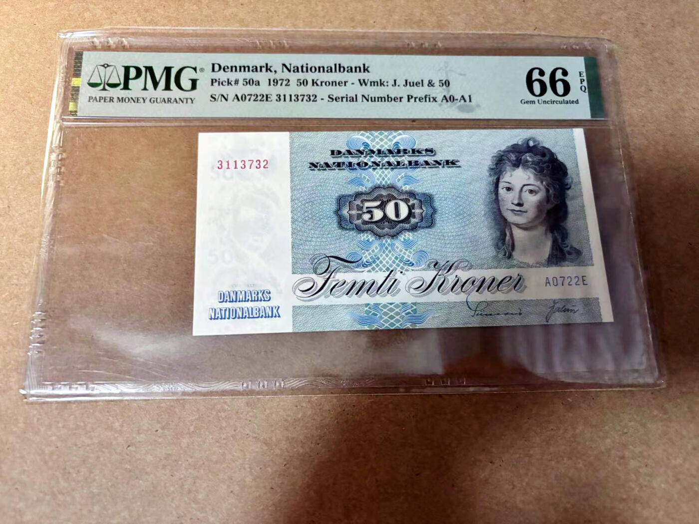 【Blue Auction】✨世界纸币精拍第527期【精】 【a版A0冠】丹麦 1972年50克朗 PMG66EPQ 
