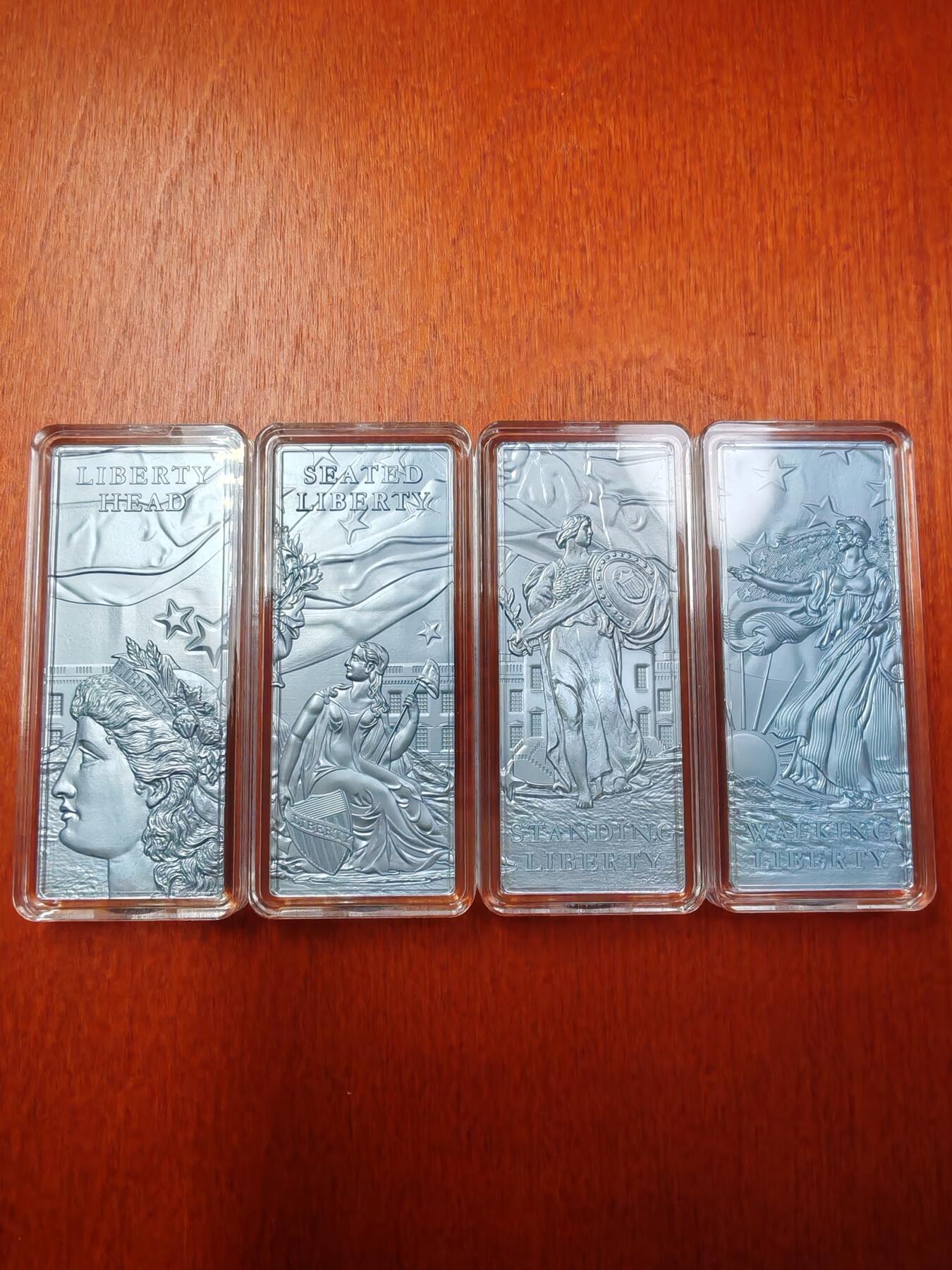长老汇龙年精选第二十二场拍卖 2022巴巴多斯美国自由女神5元银币（摩根头像，坐姿，站姿，行走），4枚共4盎司矩形类精制银币，500枚，盒证全
