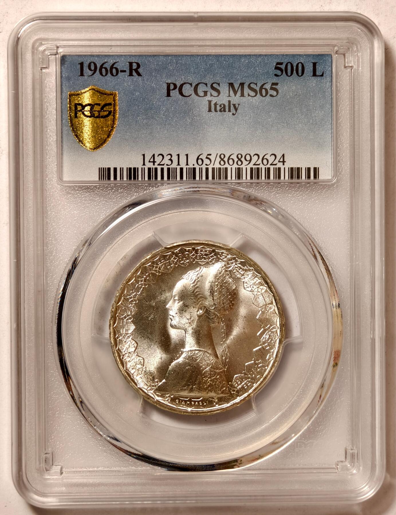 紫瑗钱币——第462期 意大利 1966年 R版 少女与帆船 500里拉 银币 PCGS MS65