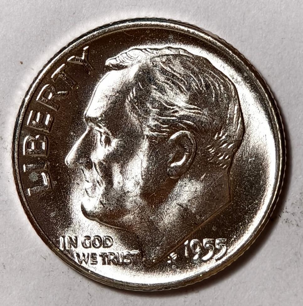 紫瑗钱币——第402期 美国 1955年 罗斯福 10美分 2.5克 0.9银 BU 可评级