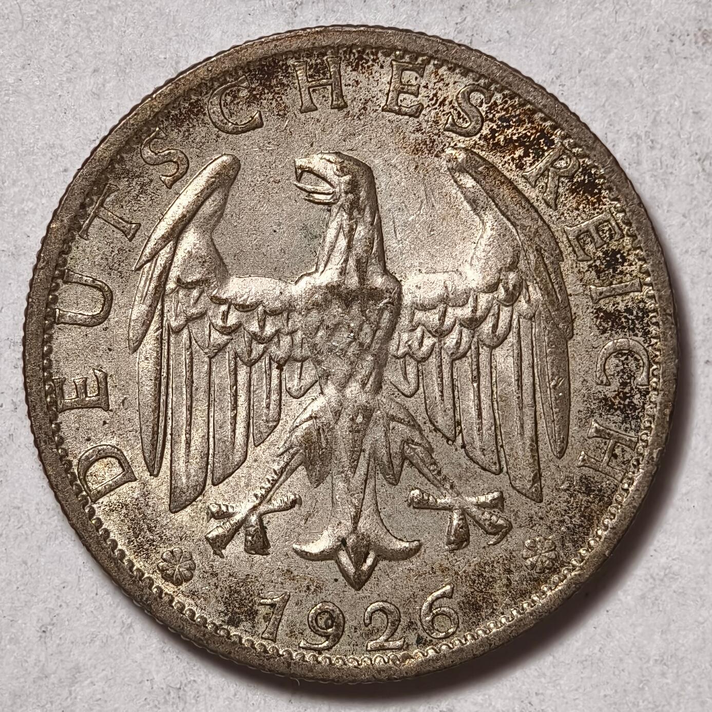 紫瑗钱币——第422期 德国 1926年 A版 魏玛共和国 流通2马克 10克 0.5银 AU