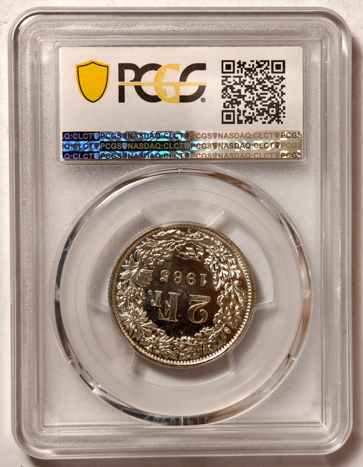 紫瑗钱币——第462期 瑞士 1965年 B版 赫尔维蒂亚 2法郎 银币 PCGS MS66