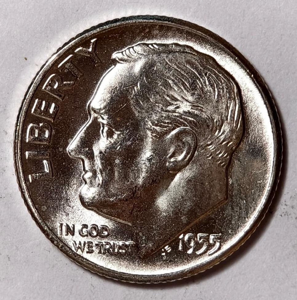 紫瑗钱币——第402期 美国 1955年  罗斯福 10美分 2.5克 0.9银 BU 可评级