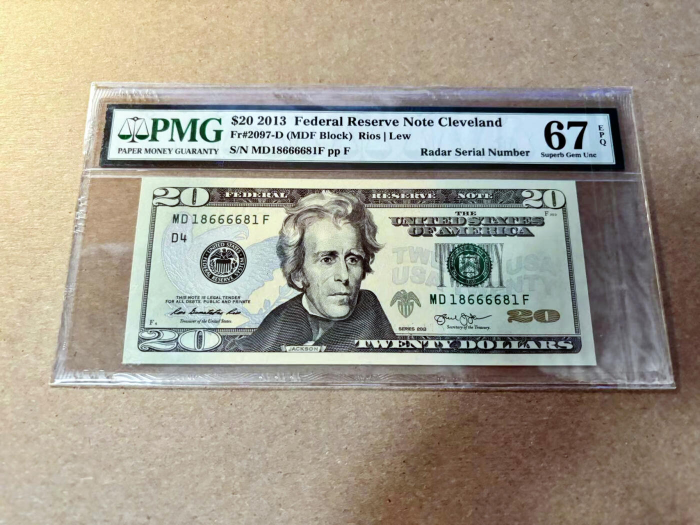 【Blue Auction】✨世界纸币精拍第527期【精】 【雷达号 倒置号】美国 2013年20美金 PMG67EPQ 高分