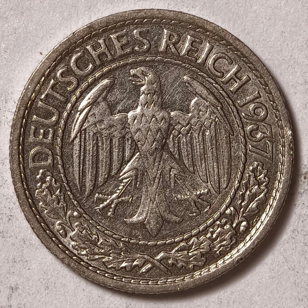 紫瑗钱币——第402期 德国 1937年 A厂 魏玛共和国 50芬妮 镍币