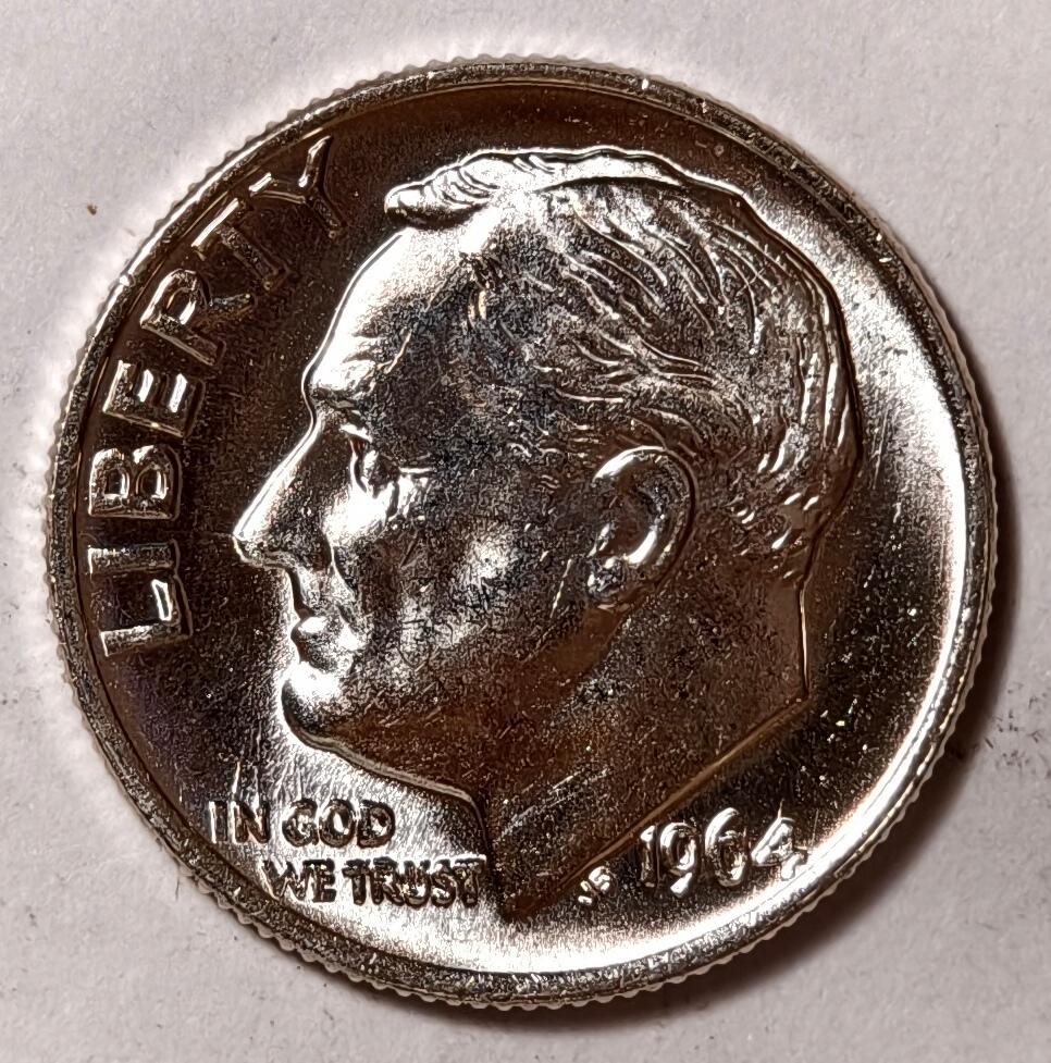 紫瑗钱币——第402期 美国 1964年 罗斯福 10美分 2.5克 0.9银 BU 可评级