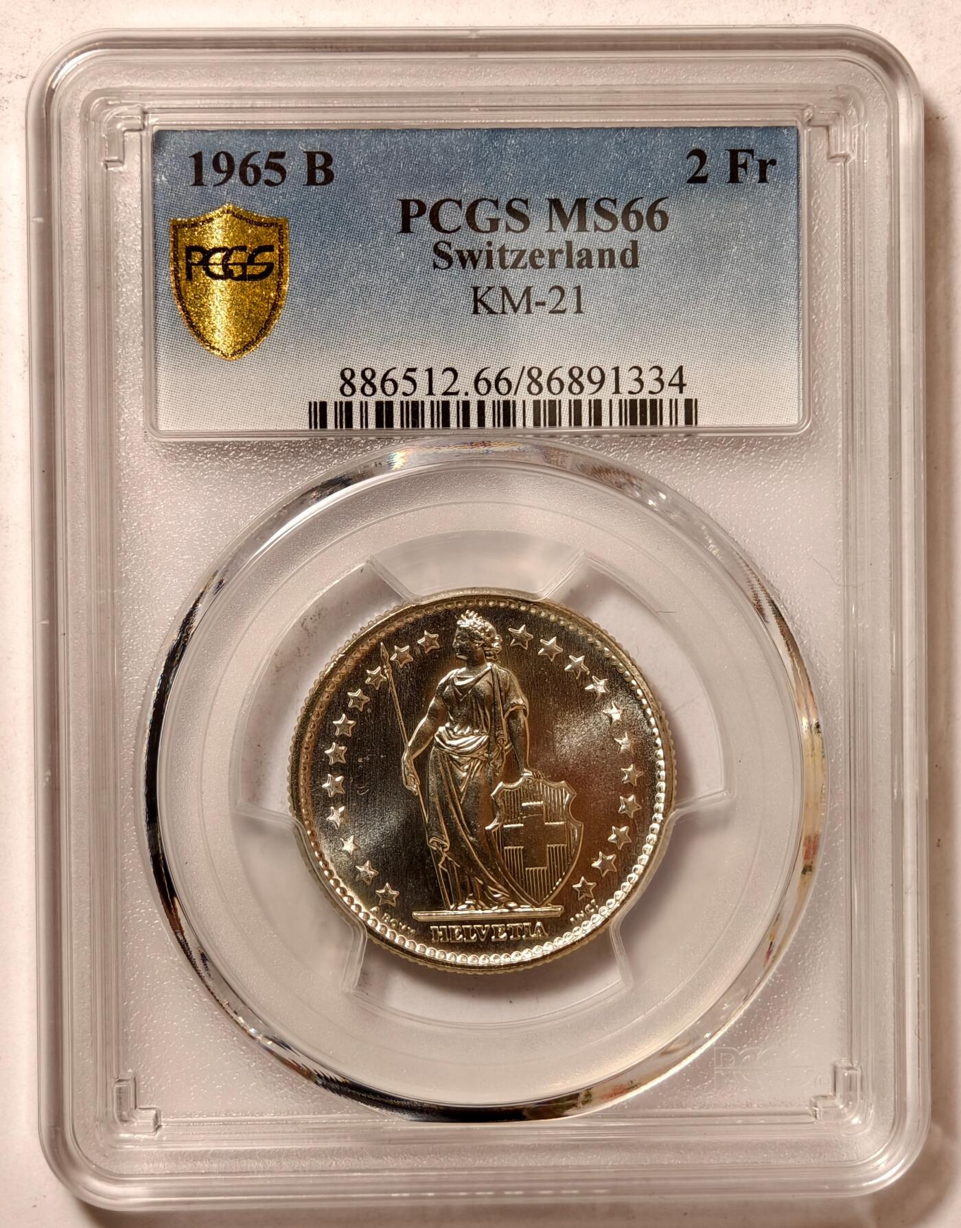 紫瑗钱币——第462期 瑞士 1965年 B版 赫尔维蒂亚 2法郎 银币 PCGS MS66