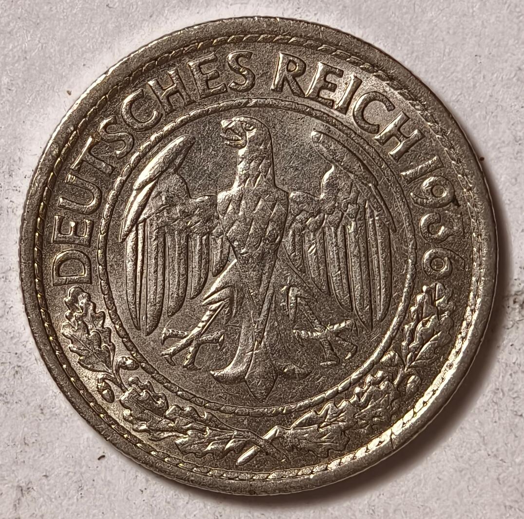 紫瑗钱币——第402期 德国 1936年 A厂 魏玛共和国 50芬妮 镍币