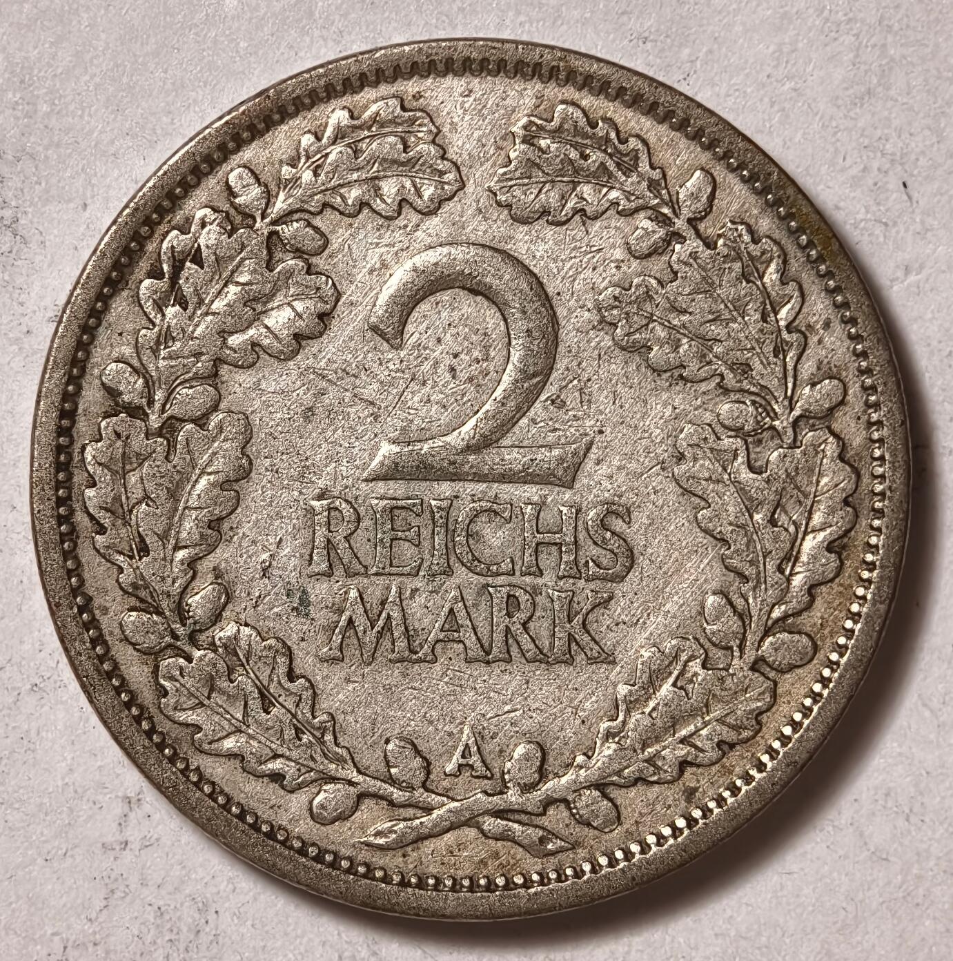 紫瑗钱币——第402期 德国 1925年 A版 魏玛共和国 流通2马克 10克 0.5银