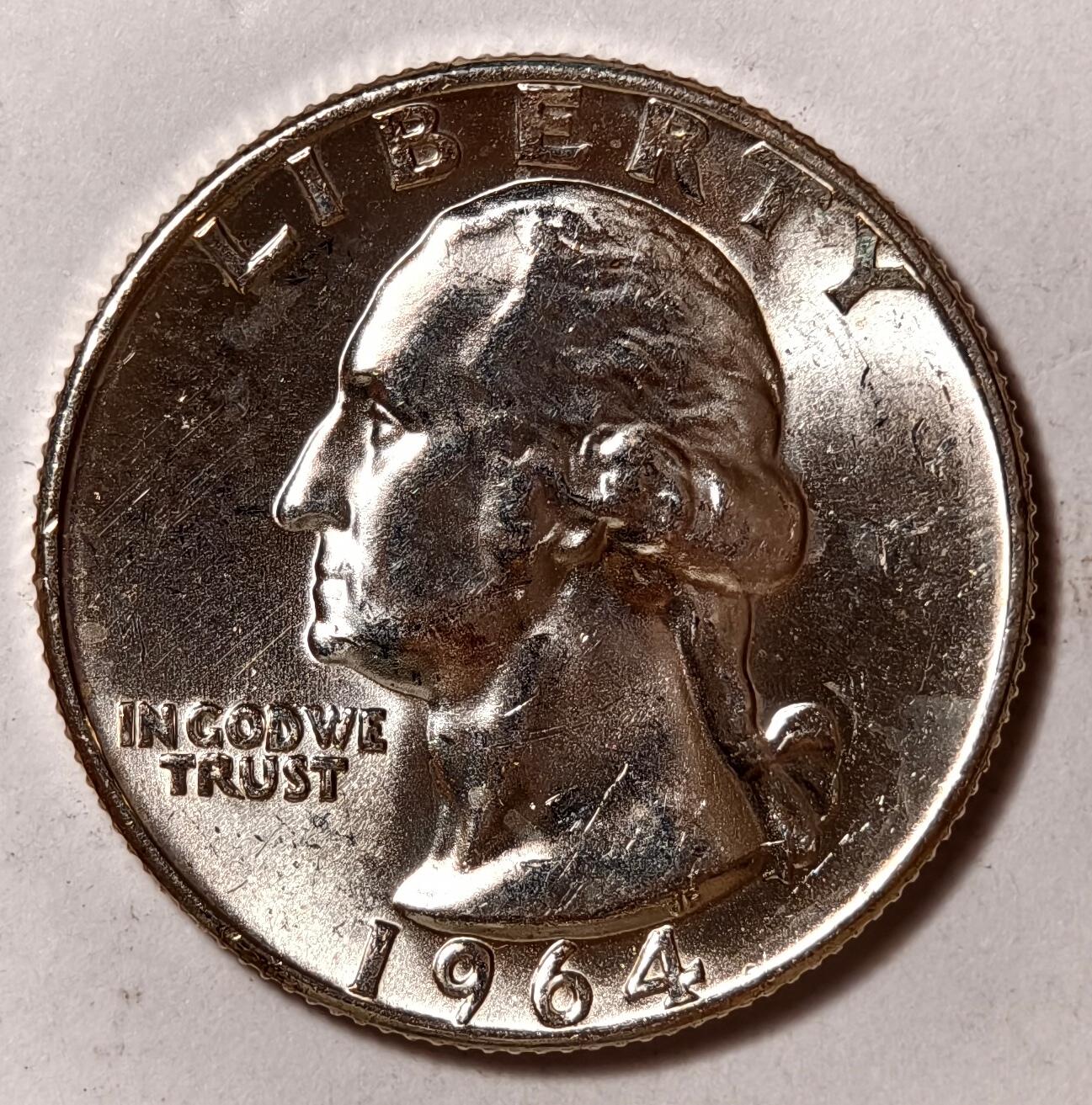 紫瑗钱币——第402期 美国 1964年 D版 华盛顿 25美分 6.25克 0.9银 BU 可评级