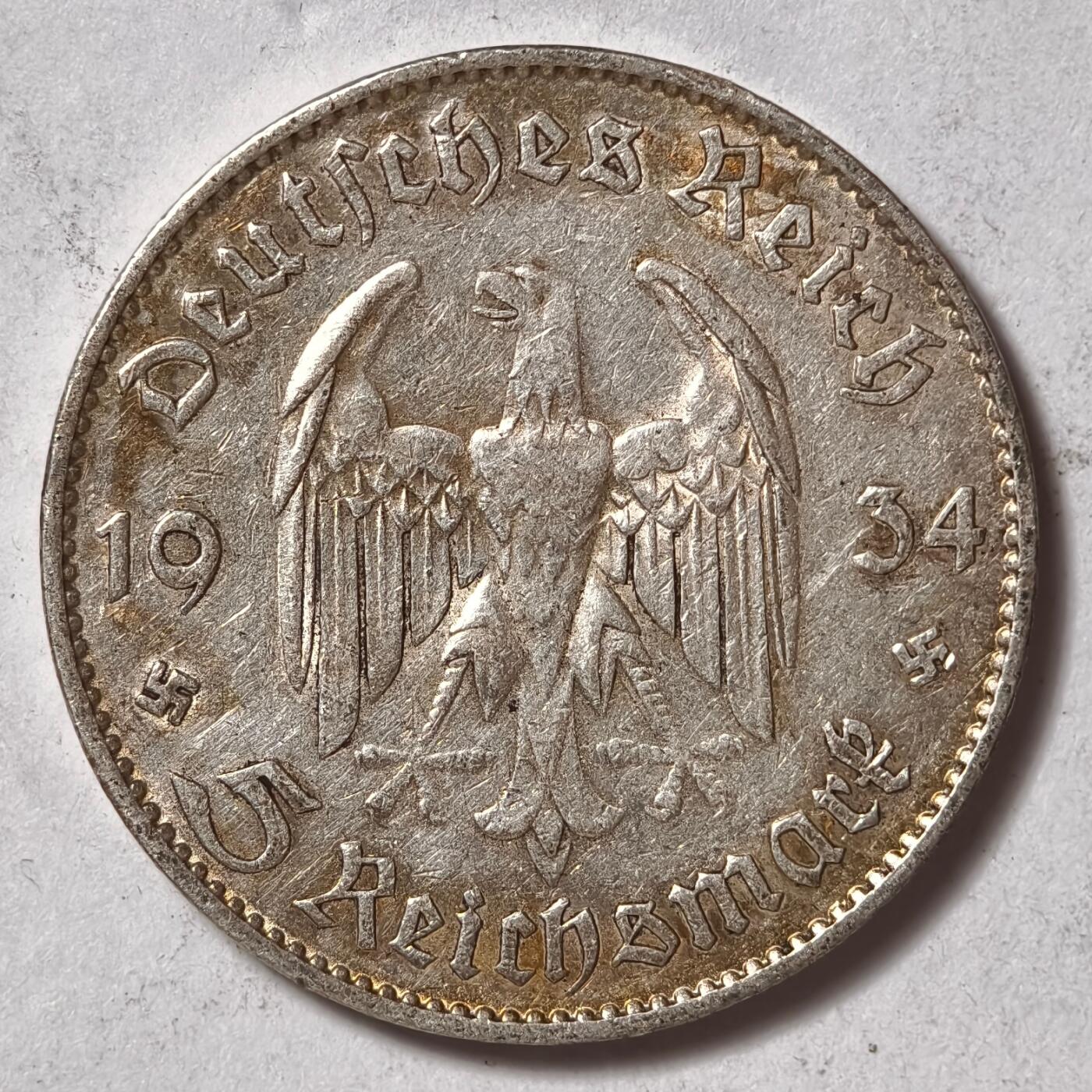 紫瑗钱币——第402期 德国 1934年 F版 波茨坦教堂 5马克 13.9克 0.9银