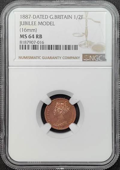 第37期钱币微拍 全场顺丰包邮 - NGC MS64RB 英国 1887年 维多利亚女王 1/2法新 Model 登基50周年纪念 高分红铜光 略PL视感 珍惜币系列 ③