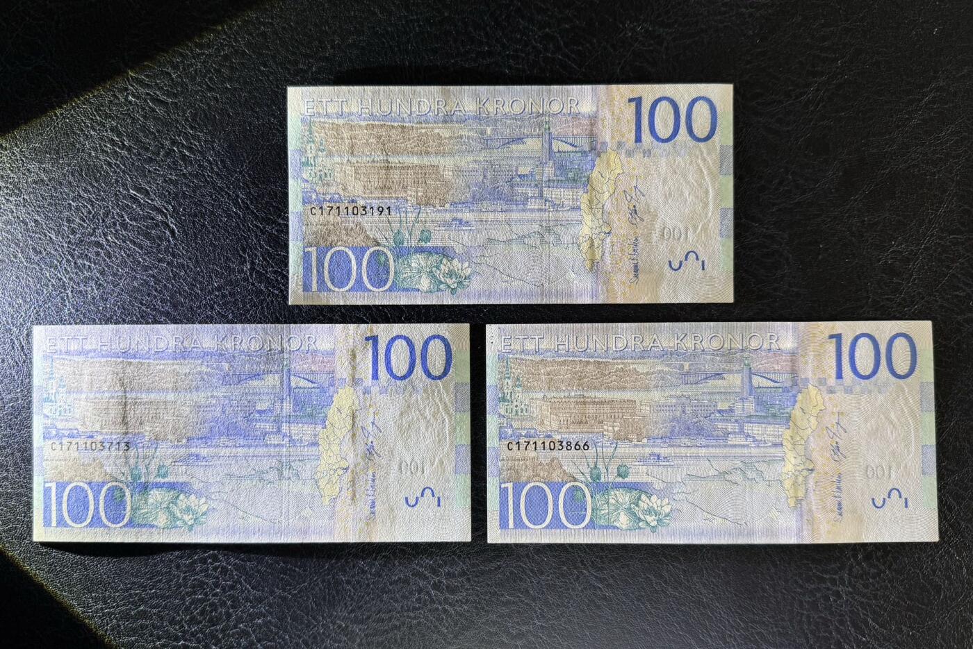 收藏联盟Quantum Auction 第369期拍卖  瑞典2016年100克朗三张 品相UNC 女星葛泰丽.嘉宝 号码无4