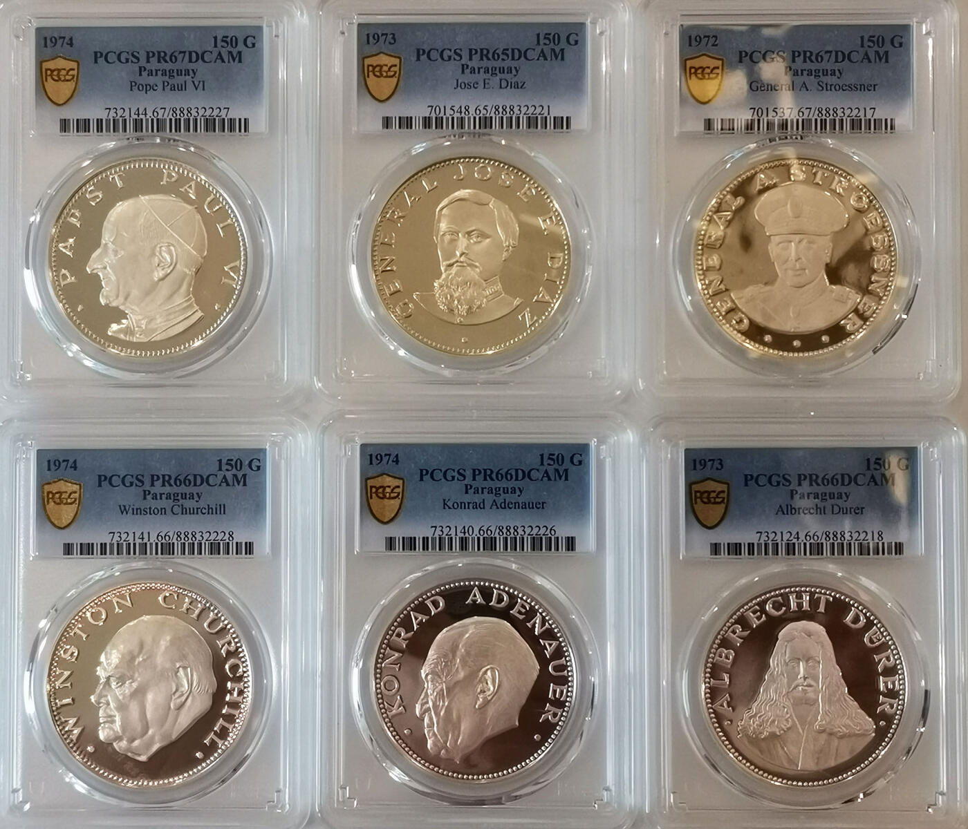 PCGS-PR67/65/66 1972-74巴拉圭人物银币6枚好品种少见