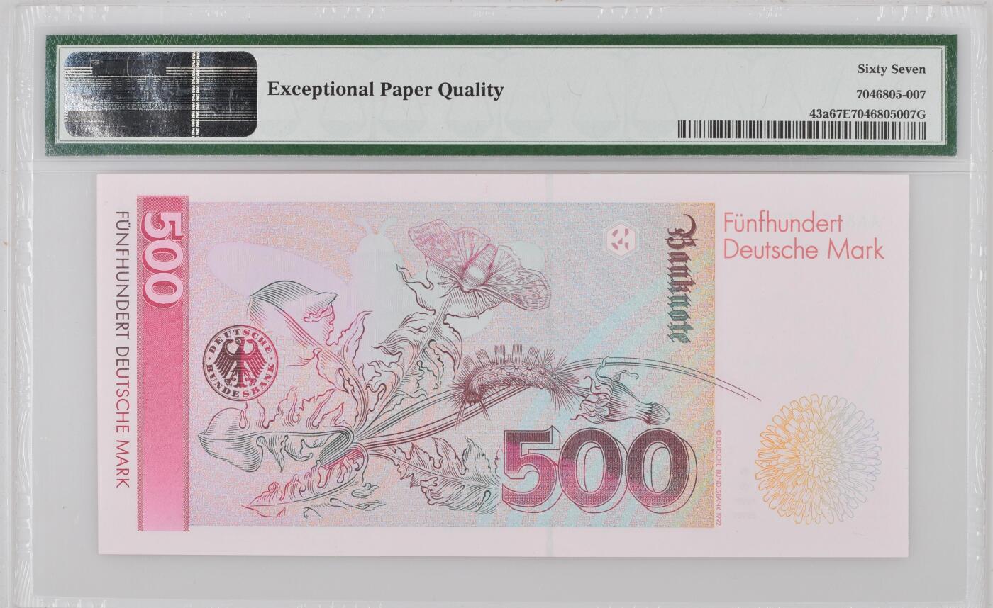 收藏联盟Quantum Auction 第369期拍卖  德国联邦1991年500马克AA冠 PMG67 号码无47 昆虫专家和画家 自然主义者梅里安
