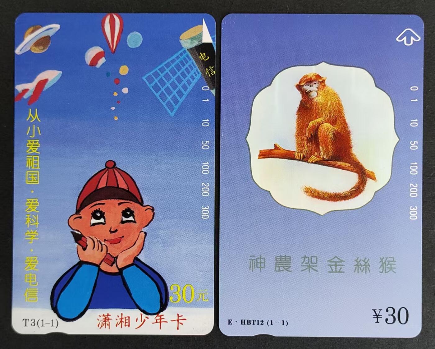 公藏评级13期裸卡拍卖 湖南，湖北田村卡（潇湘少年一全，神农架金丝猴一全）2套合拍，T3(1-1)30元钢印码063703019809，品相：中部有几条细划。HBT12,30元钢印码063705439124，品相：右下角一条细划。