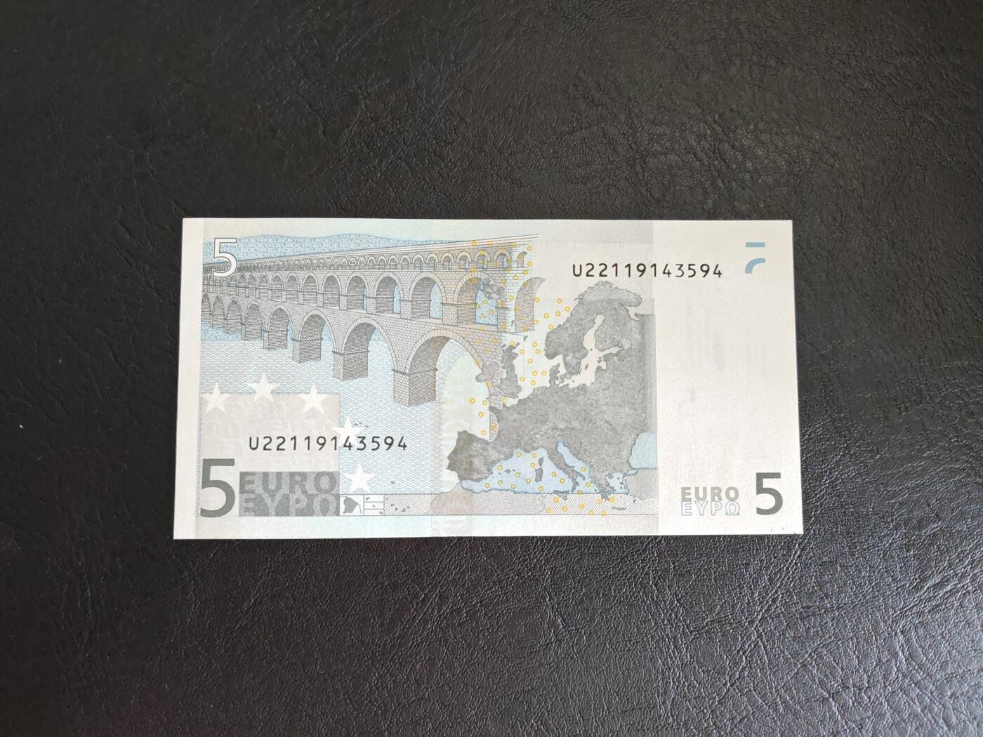 欧盟纸币 € Euro 2002版 一签 5欧元 U冠法国版 全新UNC