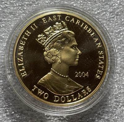 文馨钱币收藏第 156 场，英王室稀少镀金币，各国铜币专场 - 2004 年东加勒比 2 元镀金精制纪念币，含金量百分之 4，纪念爱德华一世