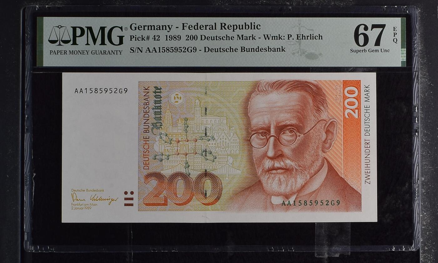 收藏联盟Quantum Auction 第369期拍卖   德国联邦1989年200马克AA冠 PMG67 号码无47 梅毒特效药666发现者 诺贝尔医学奖得主 保罗.艾尔利希