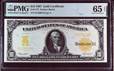 【Blue Auction】✨世界纸币精拍第528期【精】 -  【仅4张更高分】美国 1907年10美金 黄金券 升值品种 PMG65EPQ 绝品 大票幅 数量远小于1922版 美国第一任财政部长迈克尔-希雷加斯 