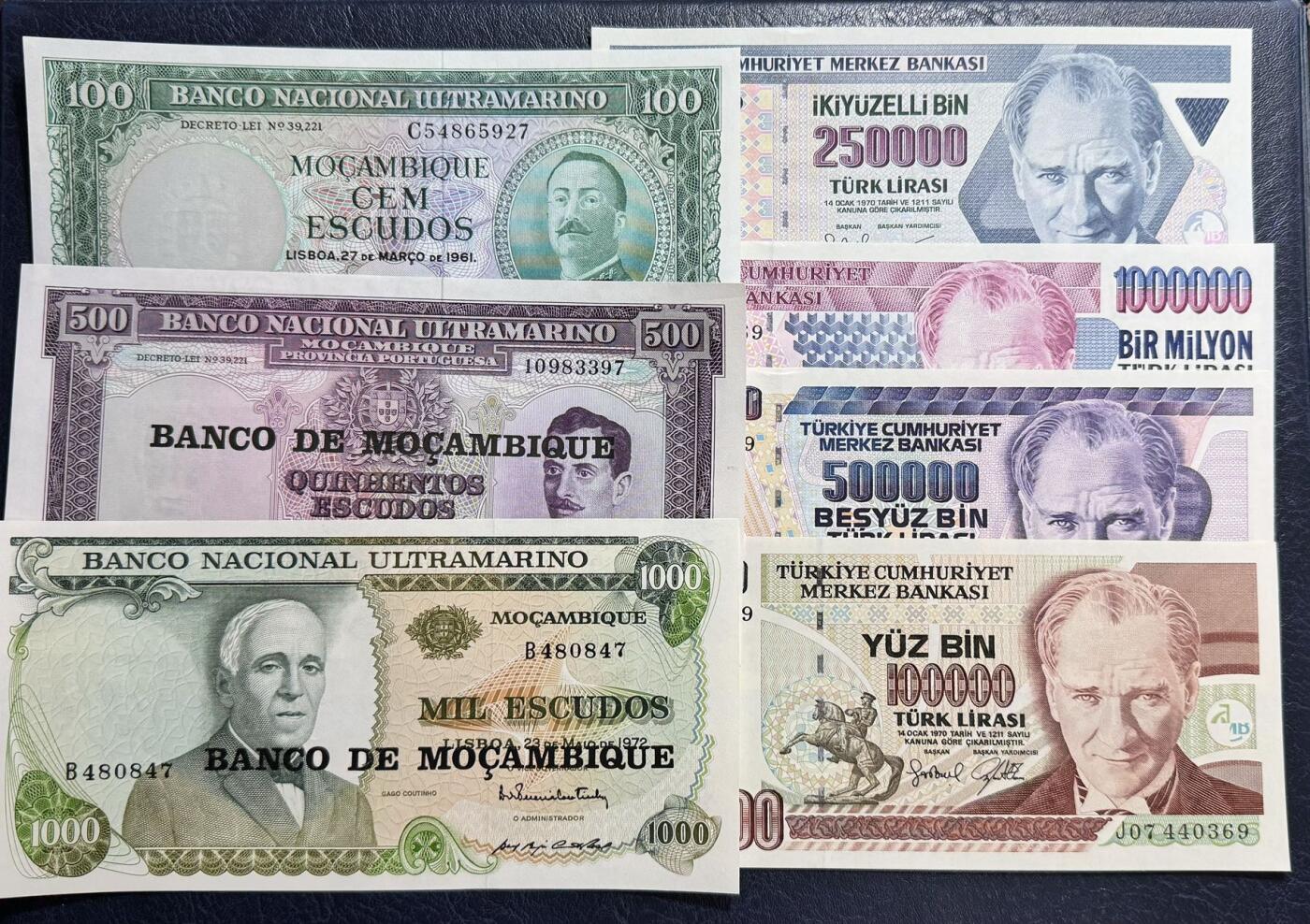 收藏联盟Quantum Auction 第369期拍卖  莫桑比克1961-72年100-1000埃斯库多和土耳其1991年版10万-100万里拉 品相UNC 10万里拉有潮斑