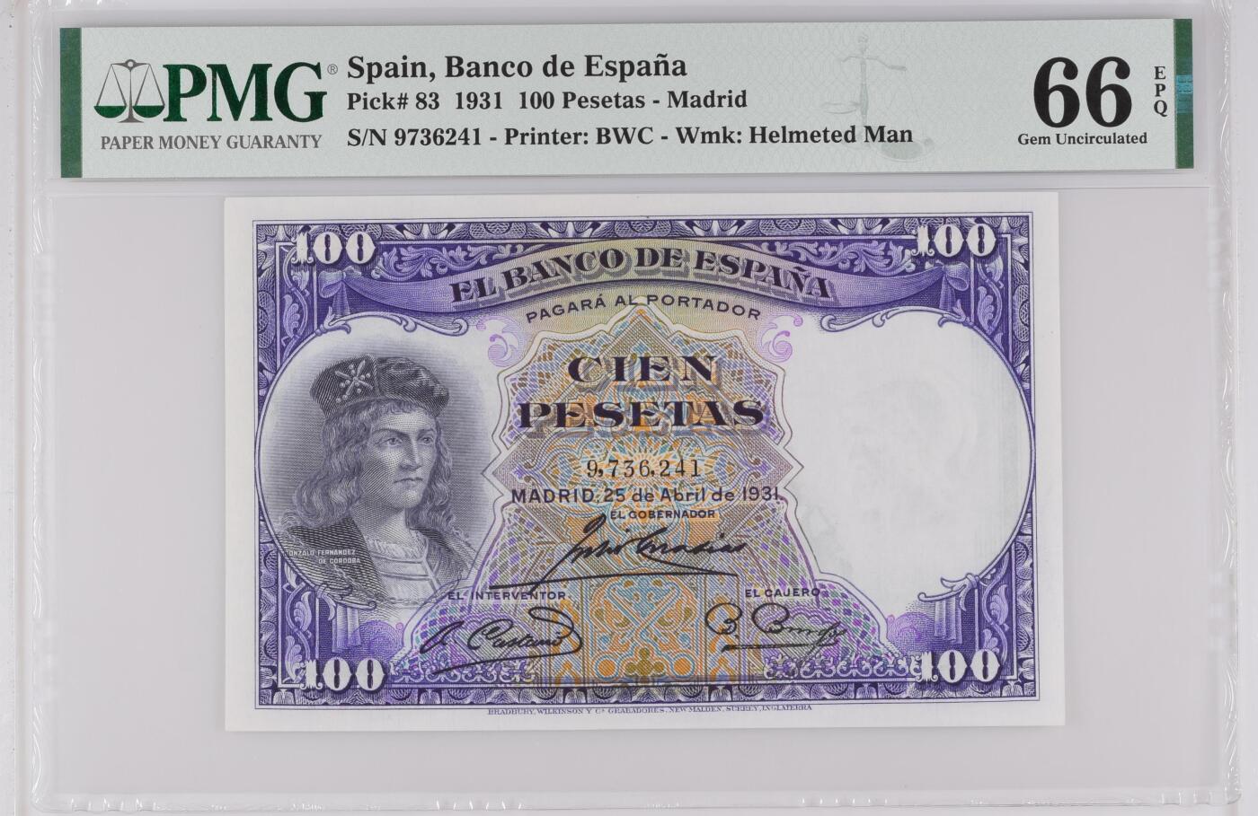 收藏联盟Quantum Auction 第369期拍卖  西班牙1931年100比塞塔 PMG66 名将贡萨洛  BWC代印精品